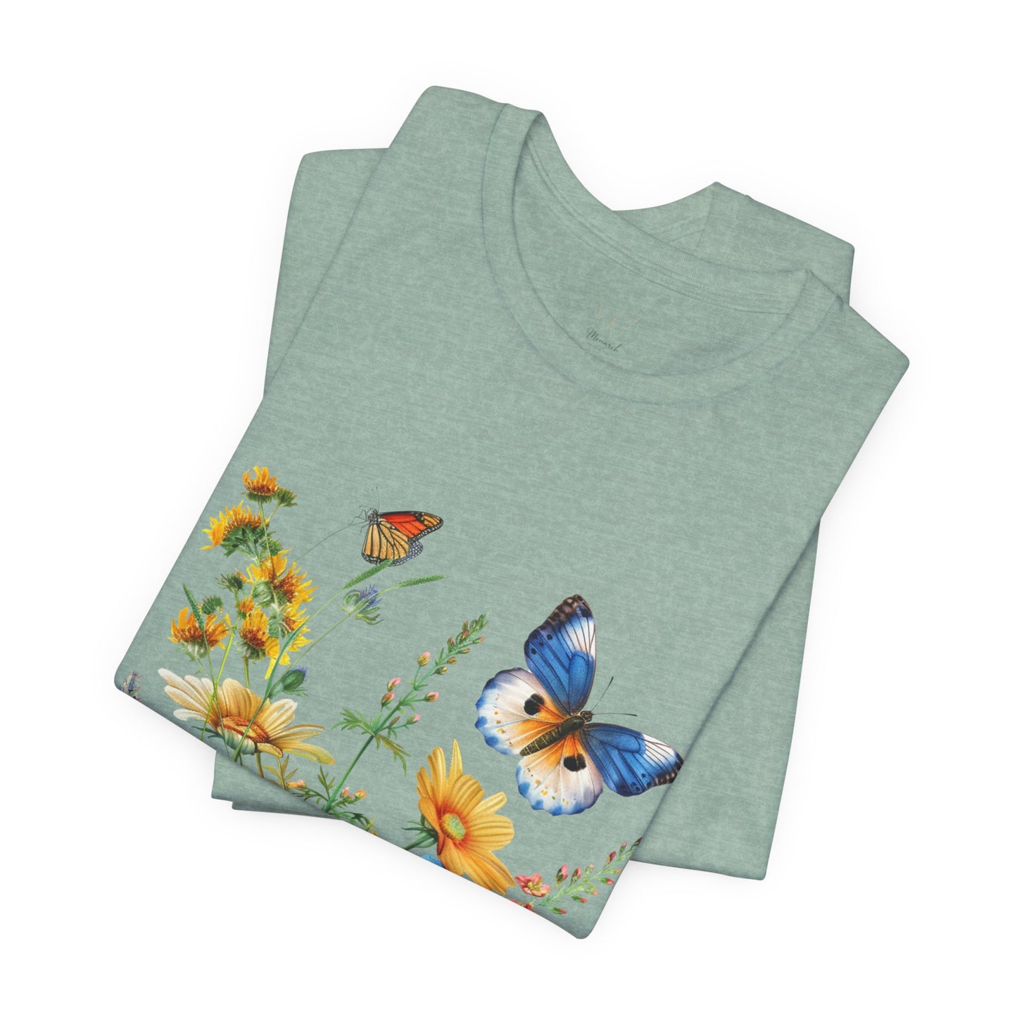 Butterfly Wildflower T-Shirt — Blue & Orange Garden Illustration