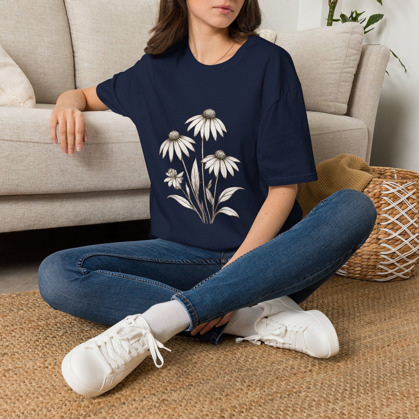 Daisy Sketch T‑Shirt — Vintage White Coneflowers Floral Tee