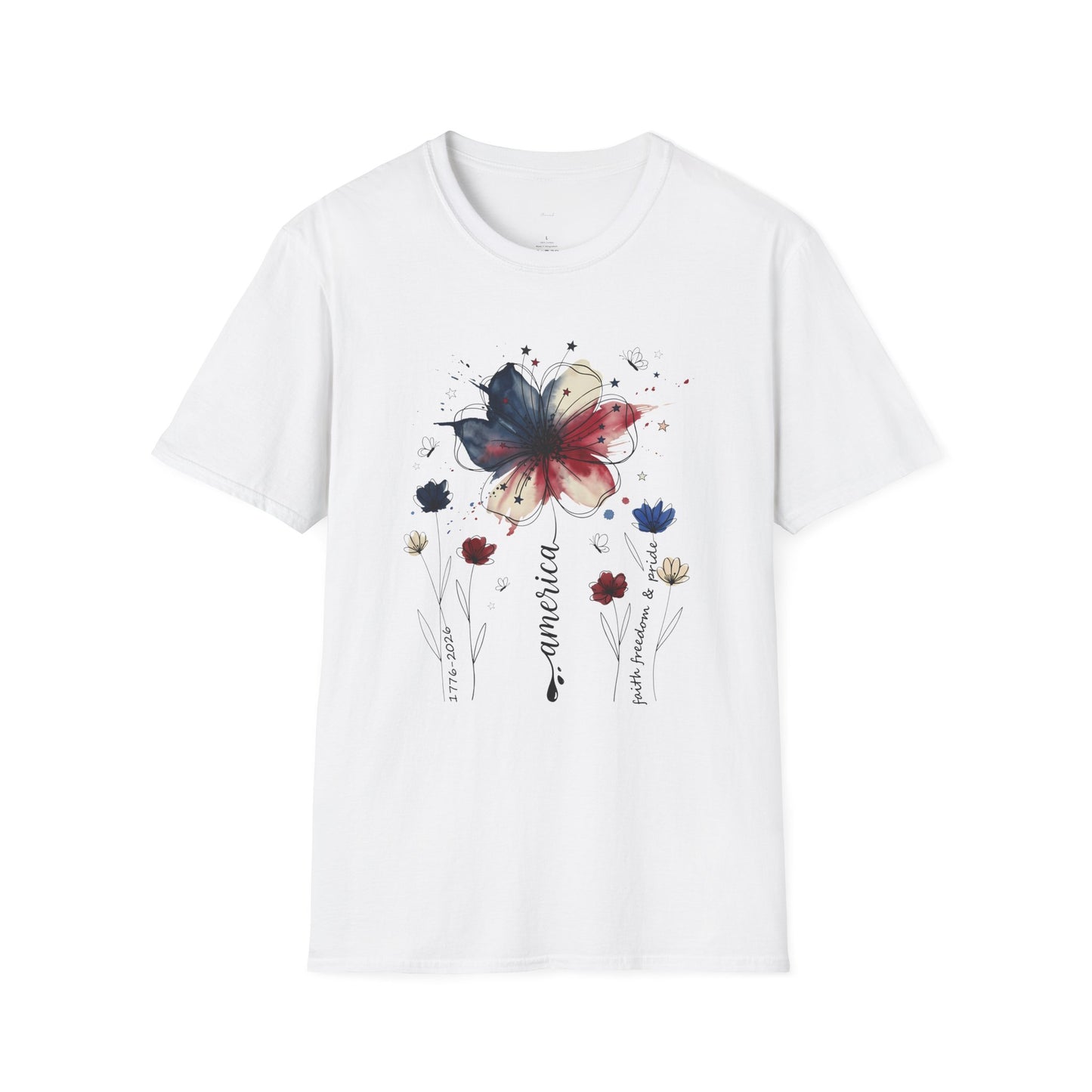 Floral Watercolor Butterfly T-Shirt — Artistic Red & Blue Bloom Tee
