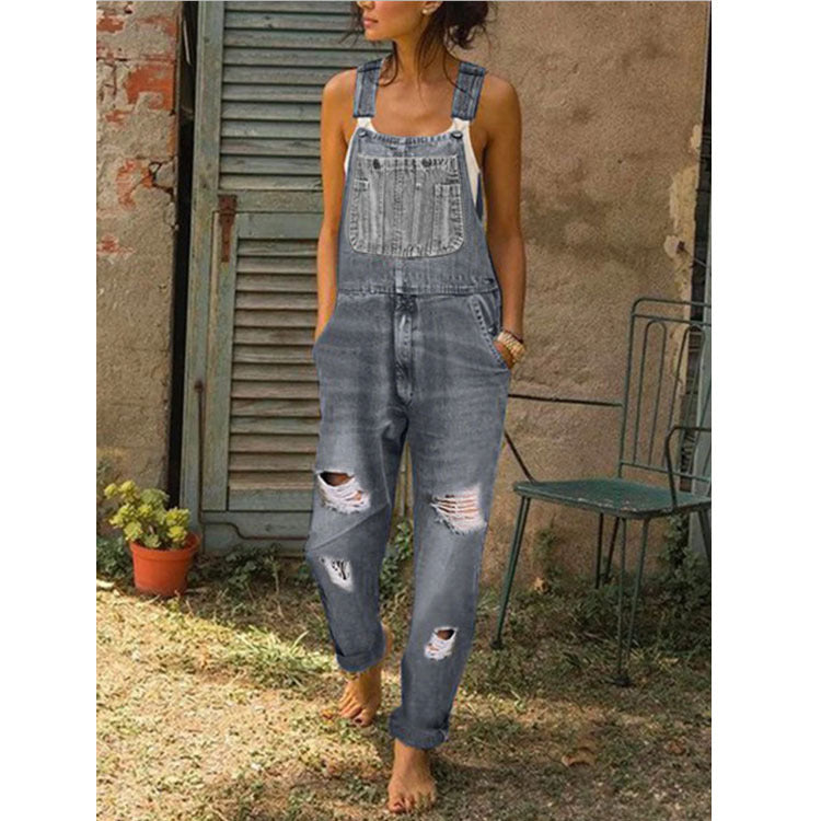 Women's Distressed Denim Overalls
