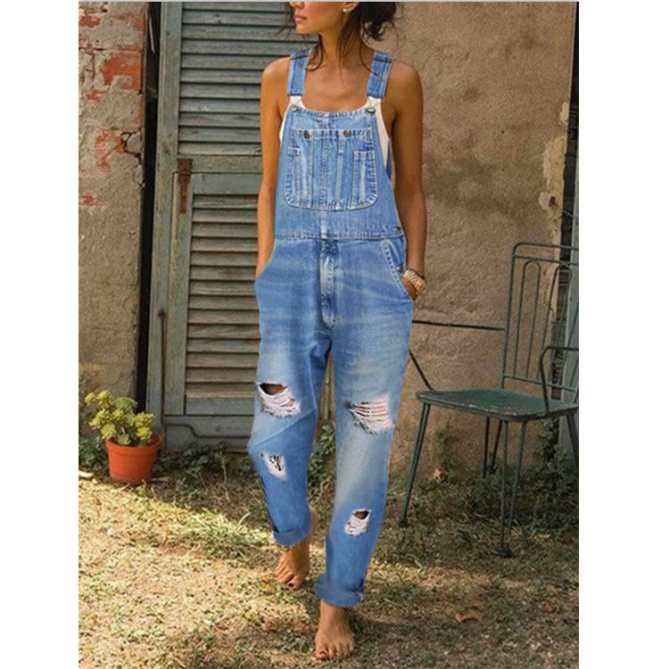 Women's Distressed Denim Overalls
