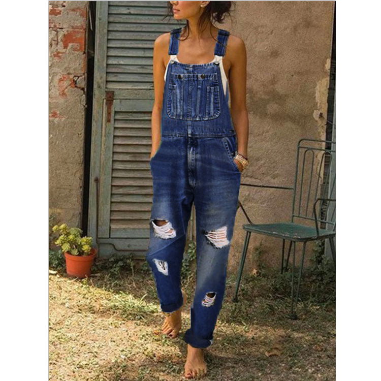 Women's Distressed Denim Overalls