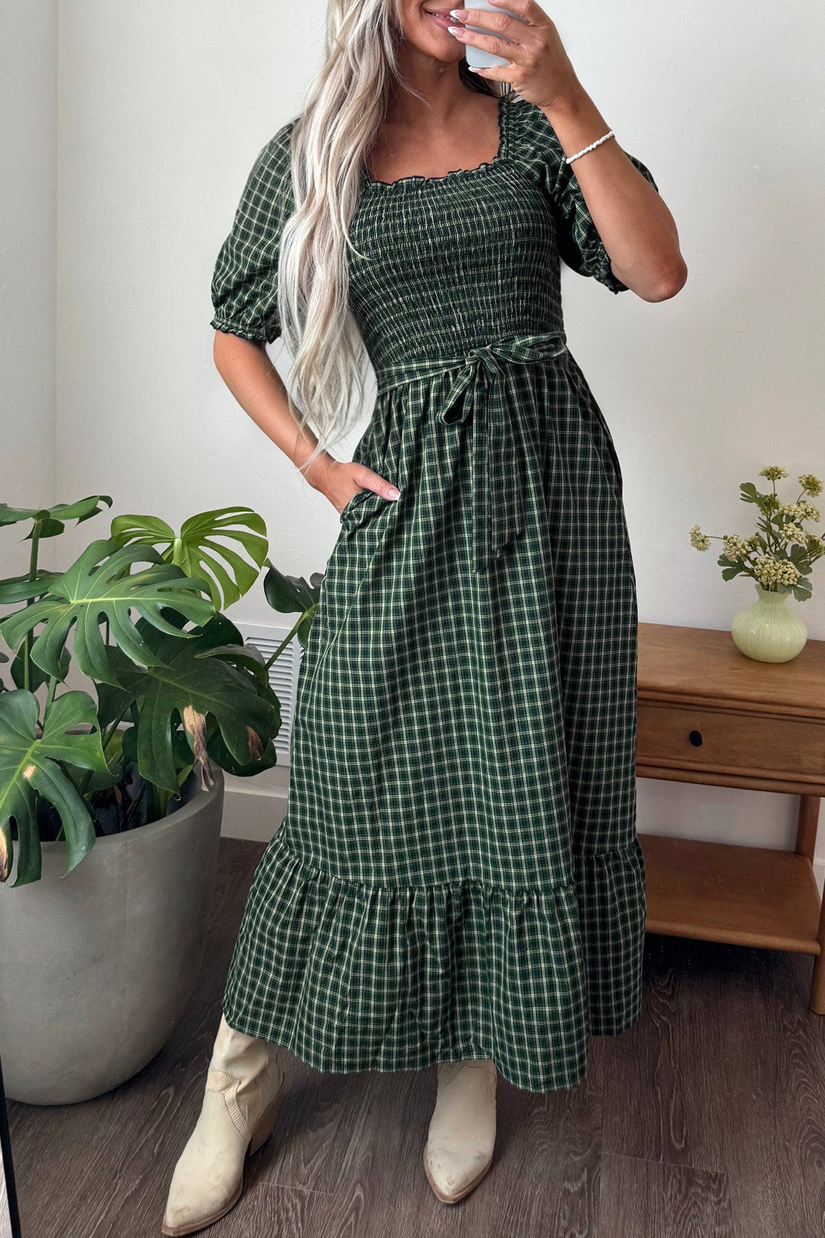 Green Plaid Square Neck Shirred Ruffle Hem Dress