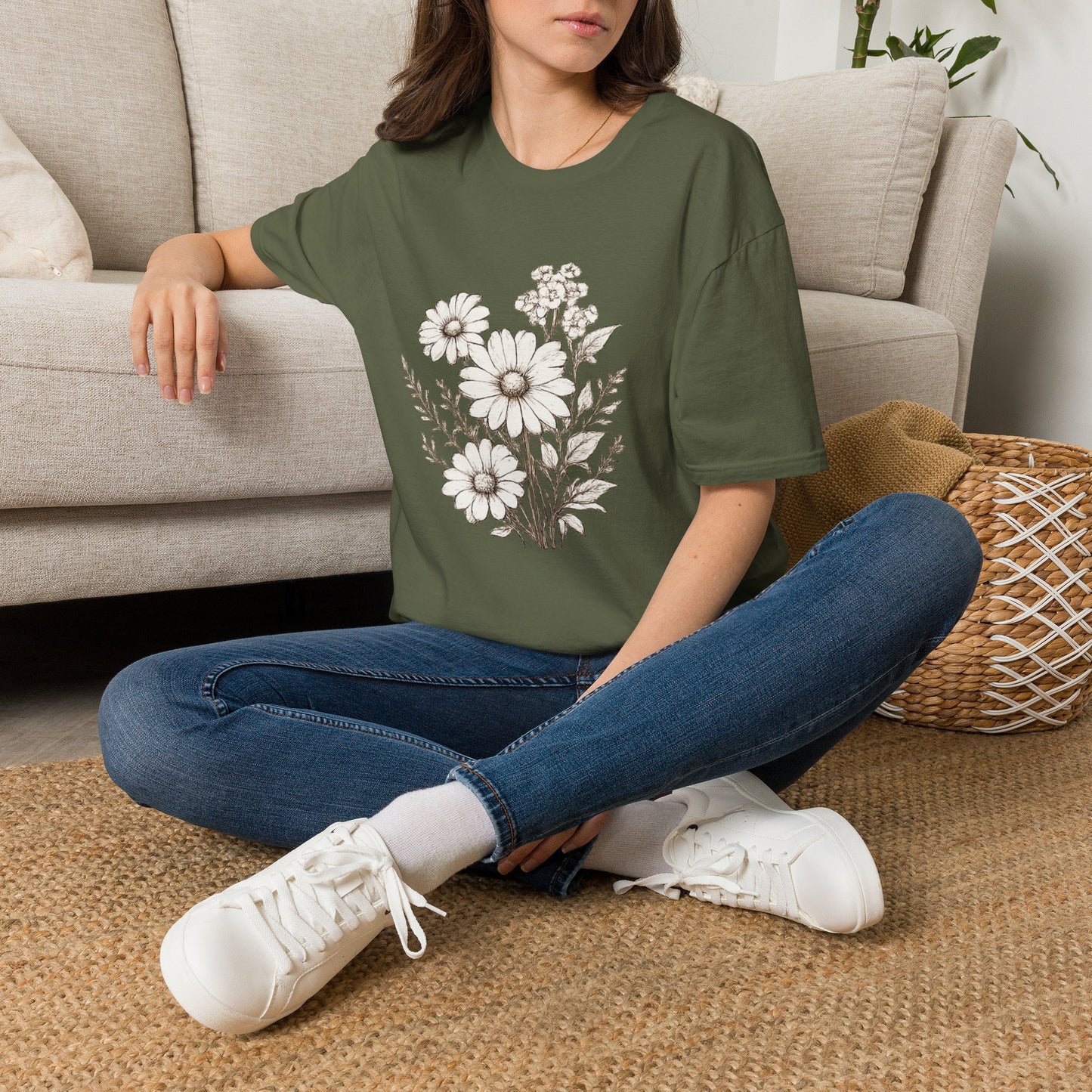 Floral Daisy Bouquet T-Shirt | Vintage White Daisies on Black