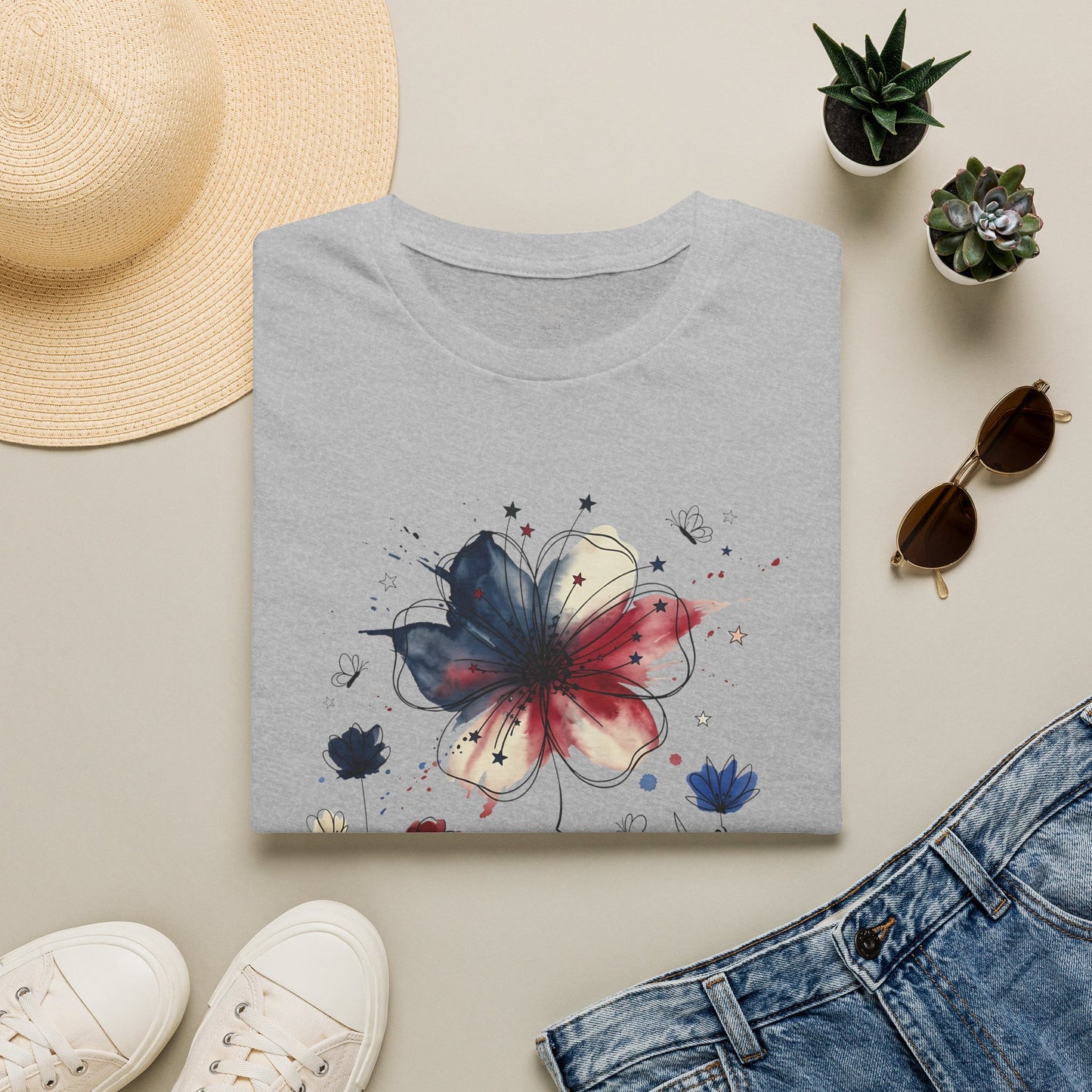 Floral Watercolor Butterfly T-Shirt — Artistic Red & Blue Bloom Tee