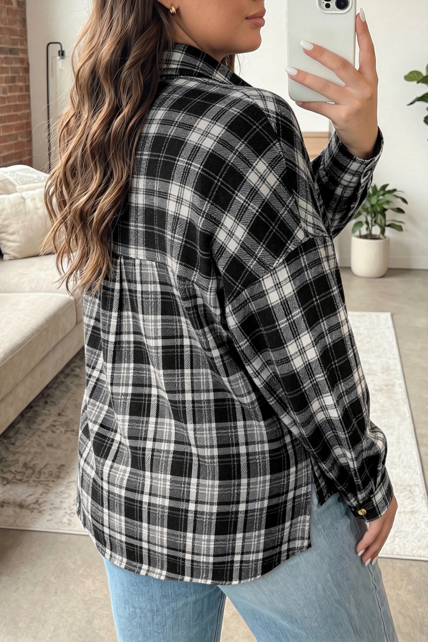 Black Plaid V-Neck Shirt Jacket | Plus Size Shacket 1X–4X