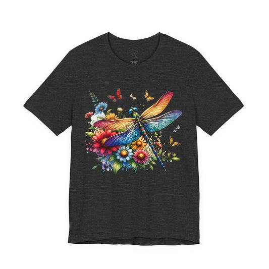 Dragonfly Floral Tee — Colorful Garden Butterfly & Flower T‑Shirt