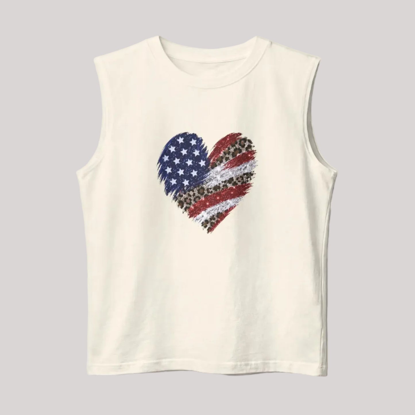 American Flag Heart Muscle Tank — Patriotic Leopard & Stars Sleeveless Tee