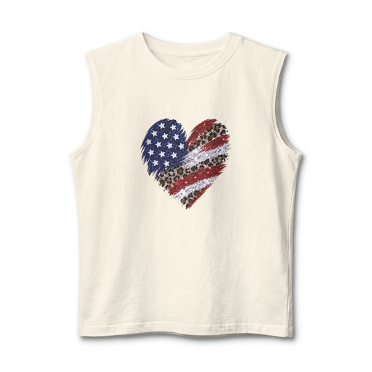American Flag Heart Muscle Tank — Patriotic Leopard & Stars Sleeveless Tee