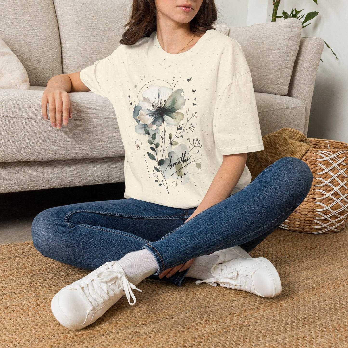 "Breathe" Floral Watercolor Tee | Soft Botanical Graphic Shirt