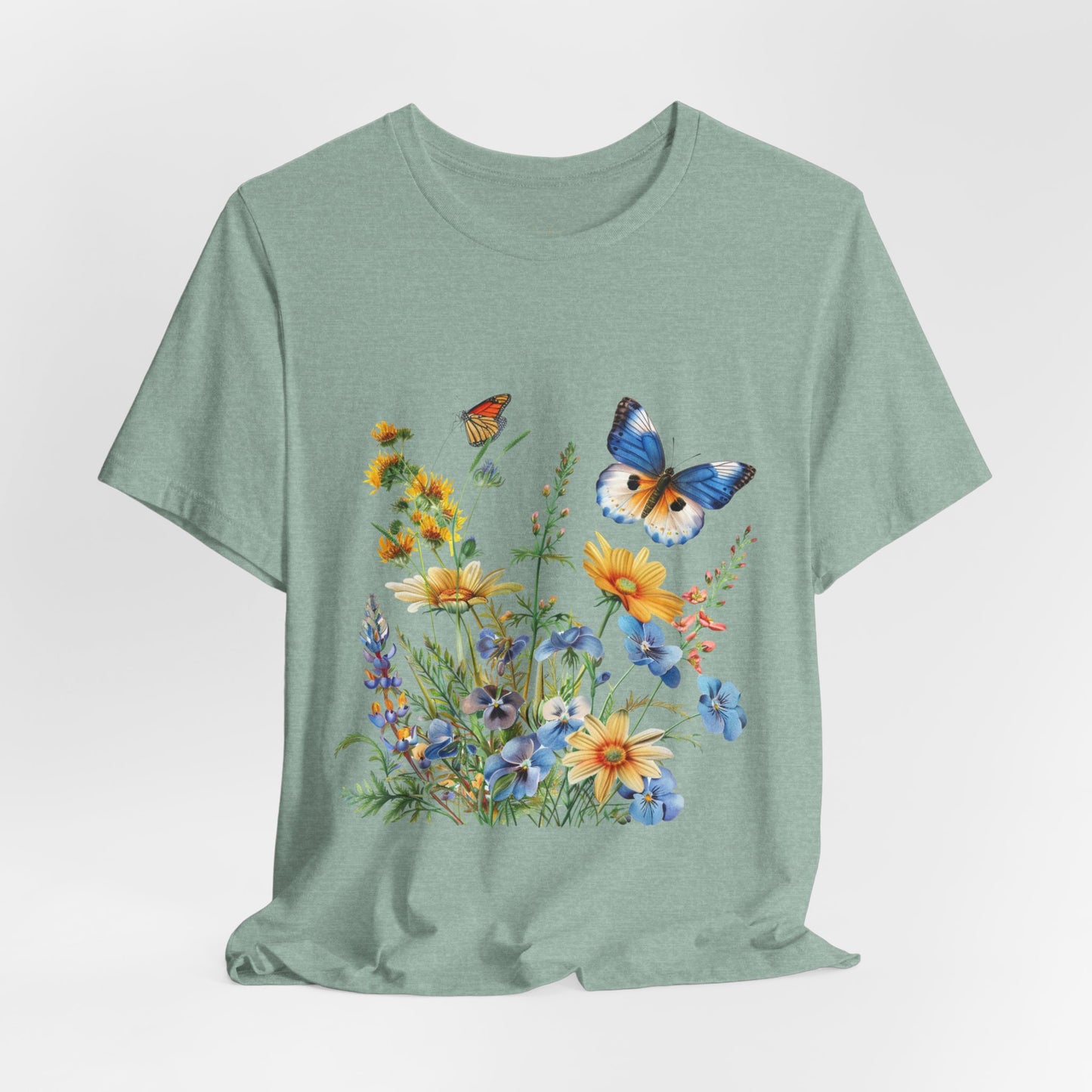 Butterfly Wildflower T-Shirt — Blue & Orange Garden Illustration