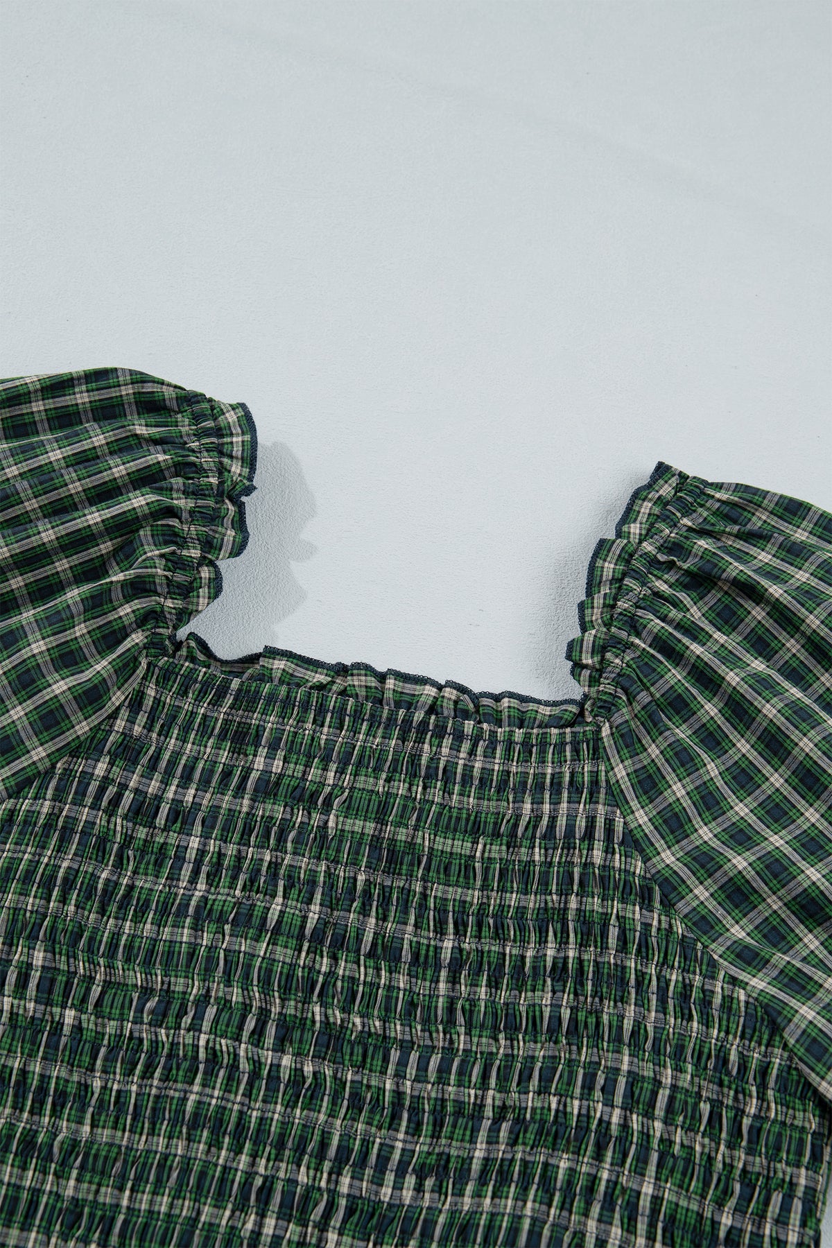 Green Plaid Square Neck Shirred Ruffle Hem Dress