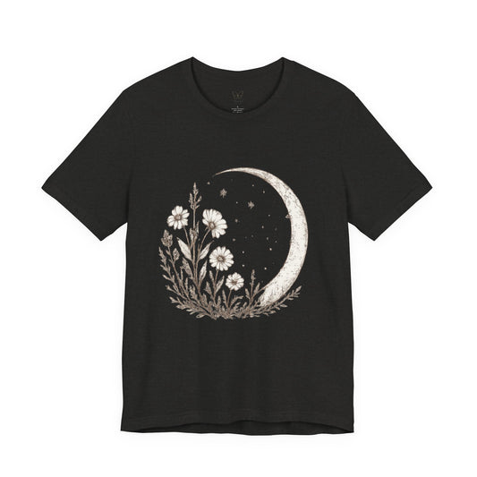 Crescent Moon Wildflower Tee — Botanical Graphic T-Shirt
