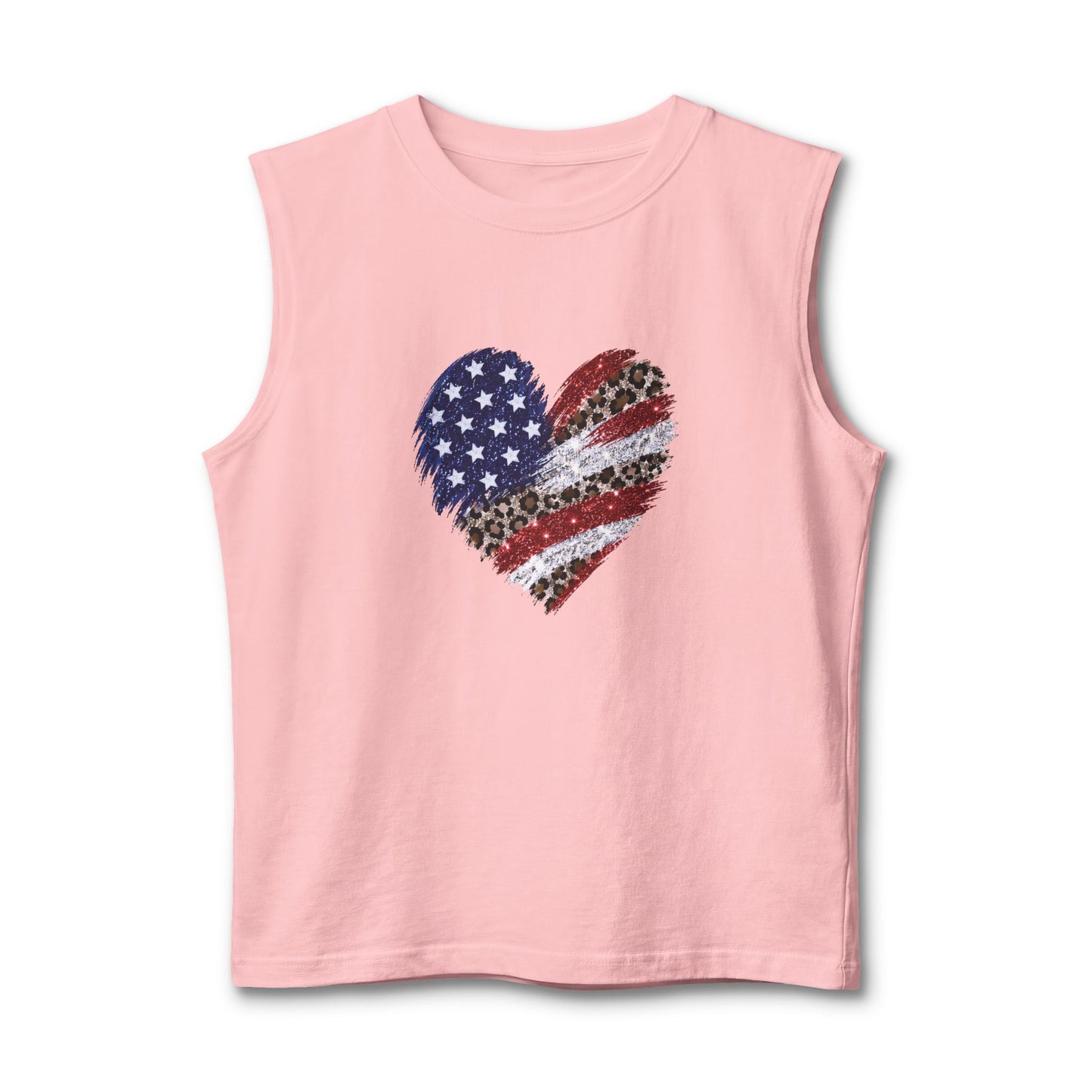 American Flag Heart Muscle Tank — Patriotic Leopard & Stars Sleeveless Tee