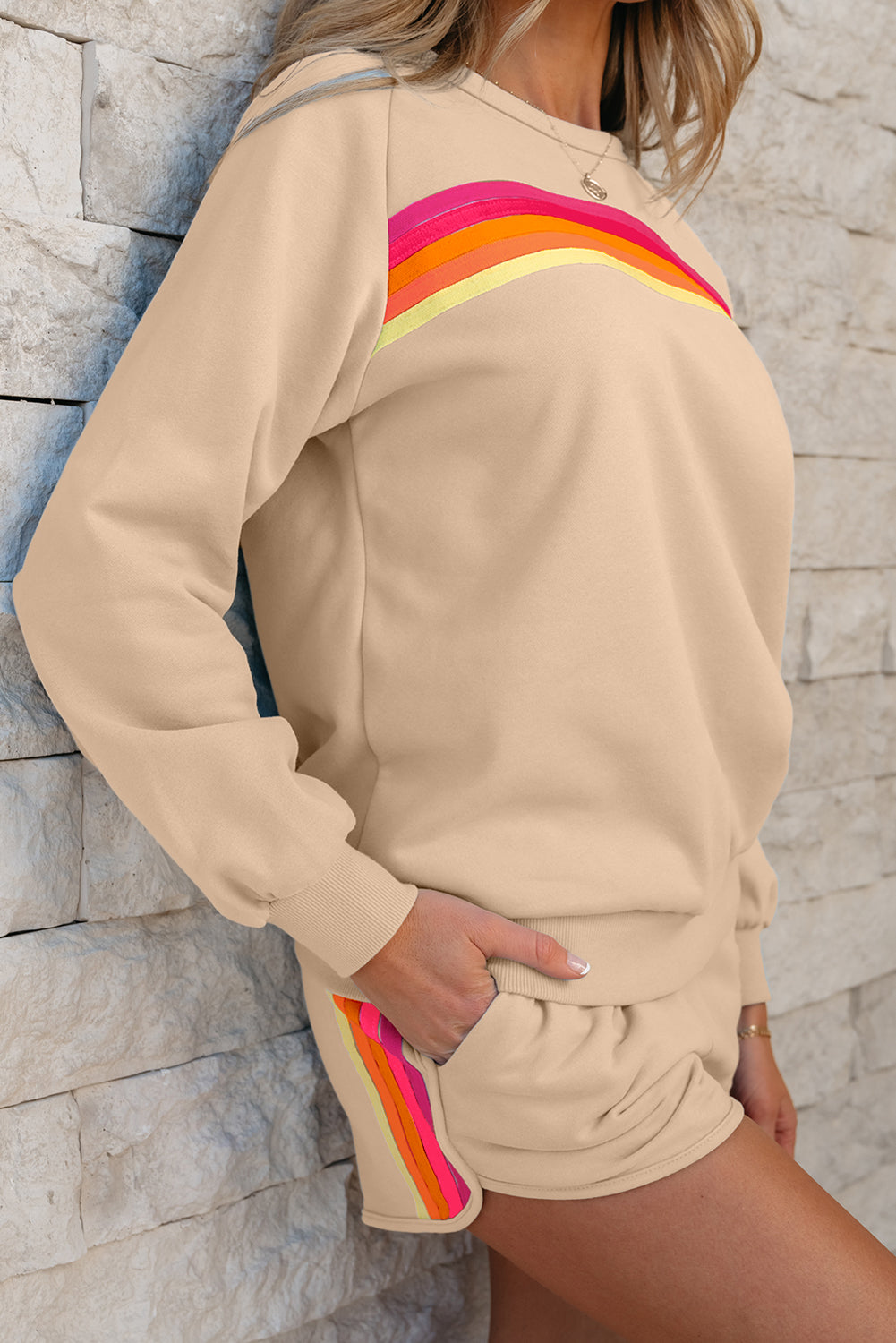 Striped Accent Pullover & Shorts Casual Set