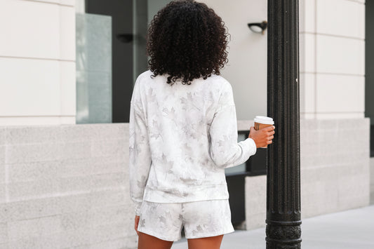 Beige Maple Camo Print Pullover Top and Elastic Waist Casual Short Set