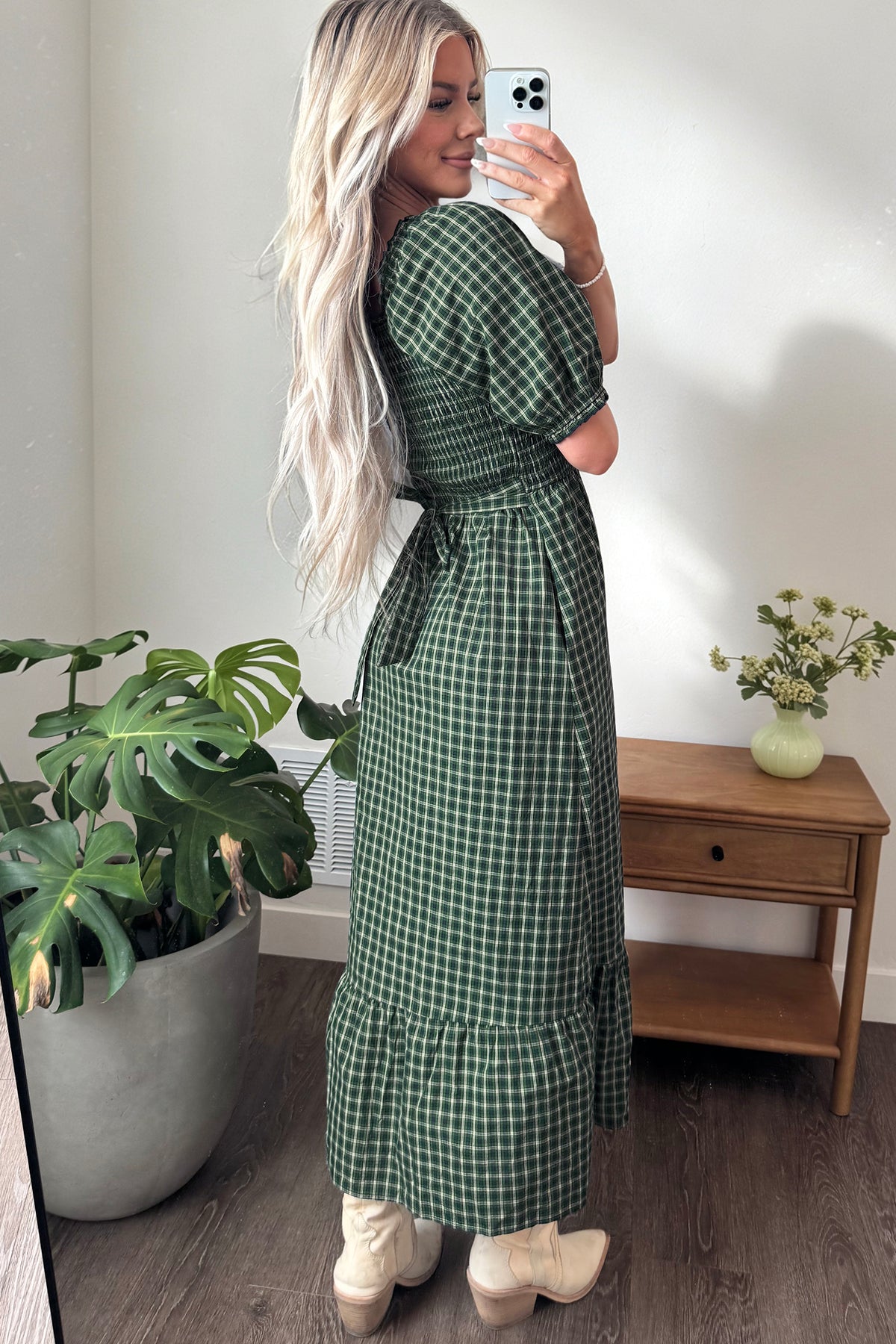 Green Plaid Square Neck Shirred Ruffle Hem Dress