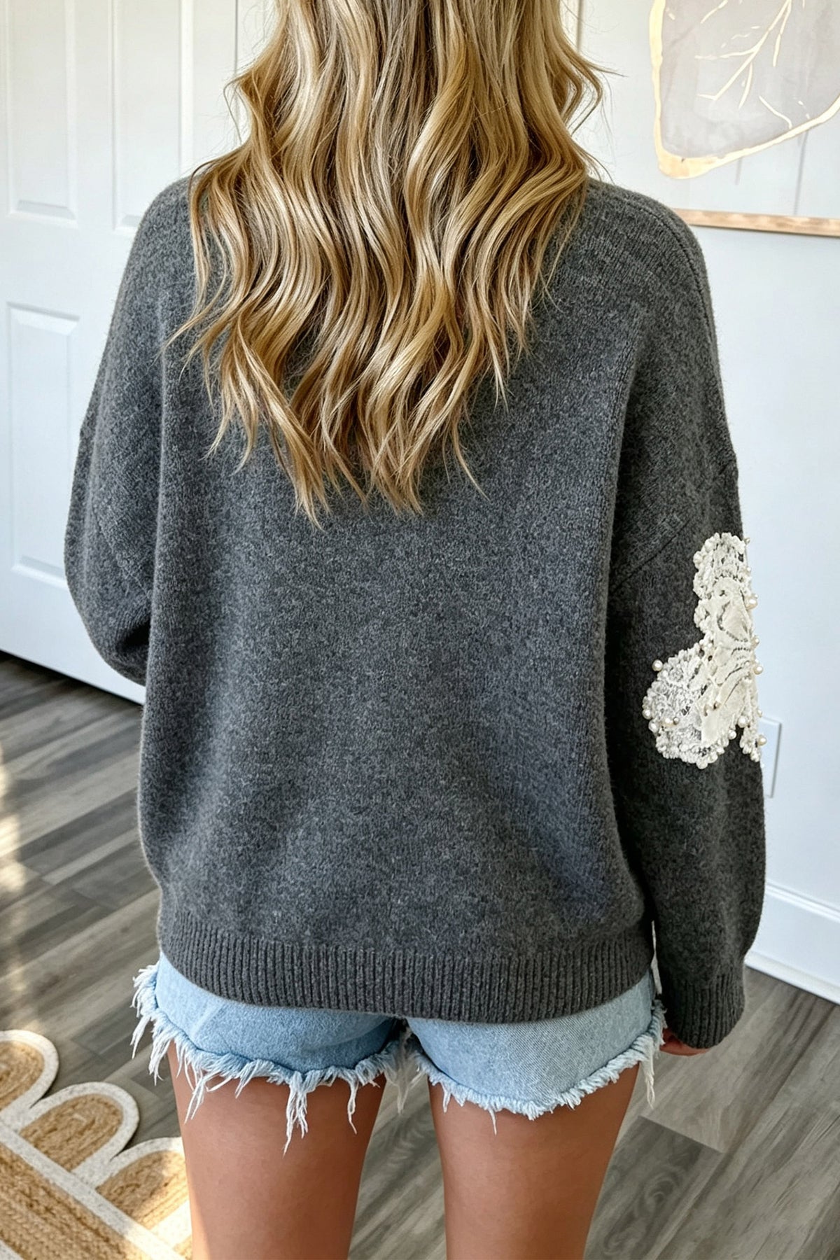 Dark Grey Beaded Floral Sweater