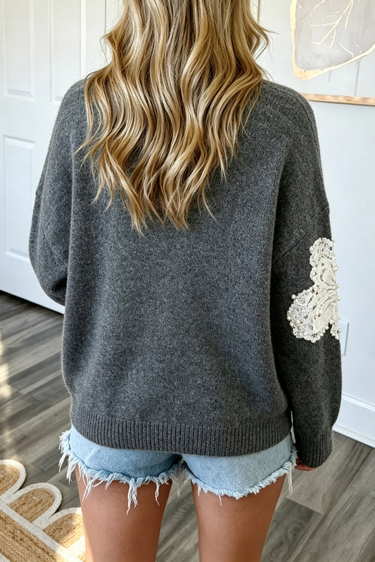Dark Grey Beaded Floral Sweater