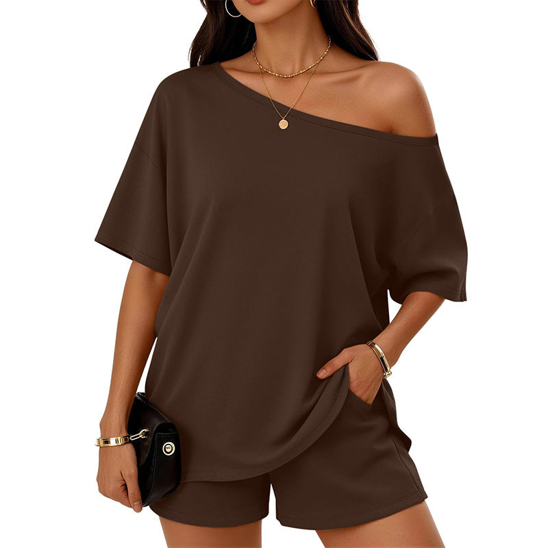 Women's 2-Piece Casual Set | Slant-Neck Top & Shorts