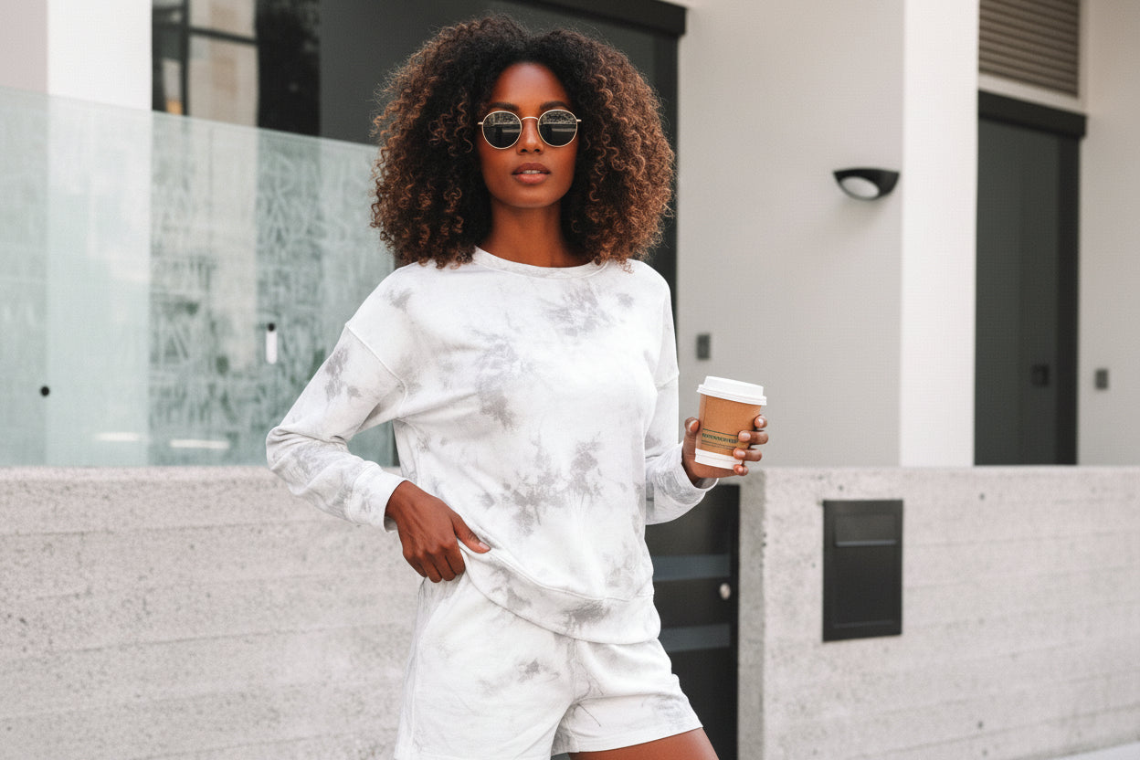 Beige Maple Camo Print Pullover Top and Elastic Waist Casual Short Set