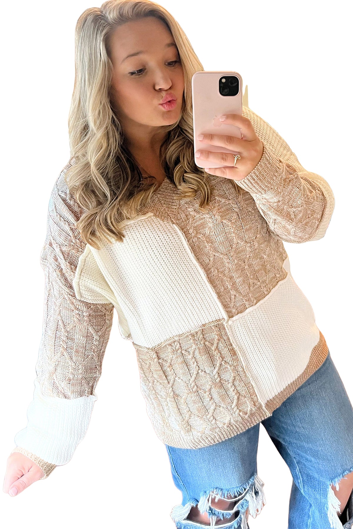 Plus Size SweaterParchment Colorblock V Neck Long Sleeve Tunic Loose Fit
