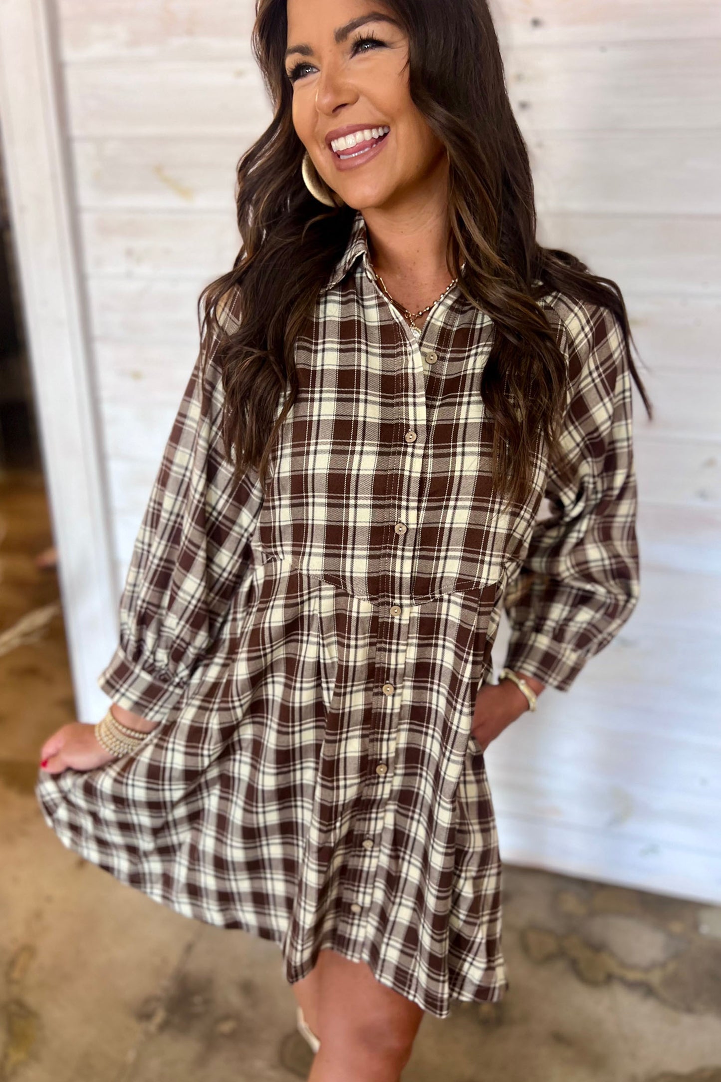 Brown Plaid Long Sleeve Mini Shift Dress