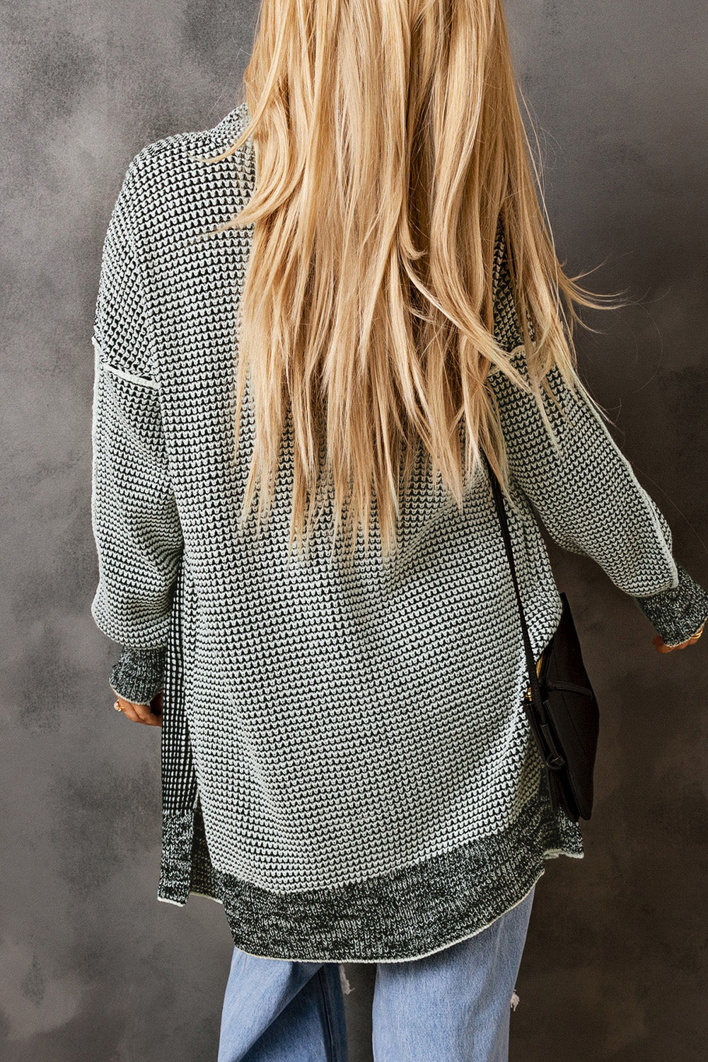 Plaid Knit Long Open-Front Cardigan