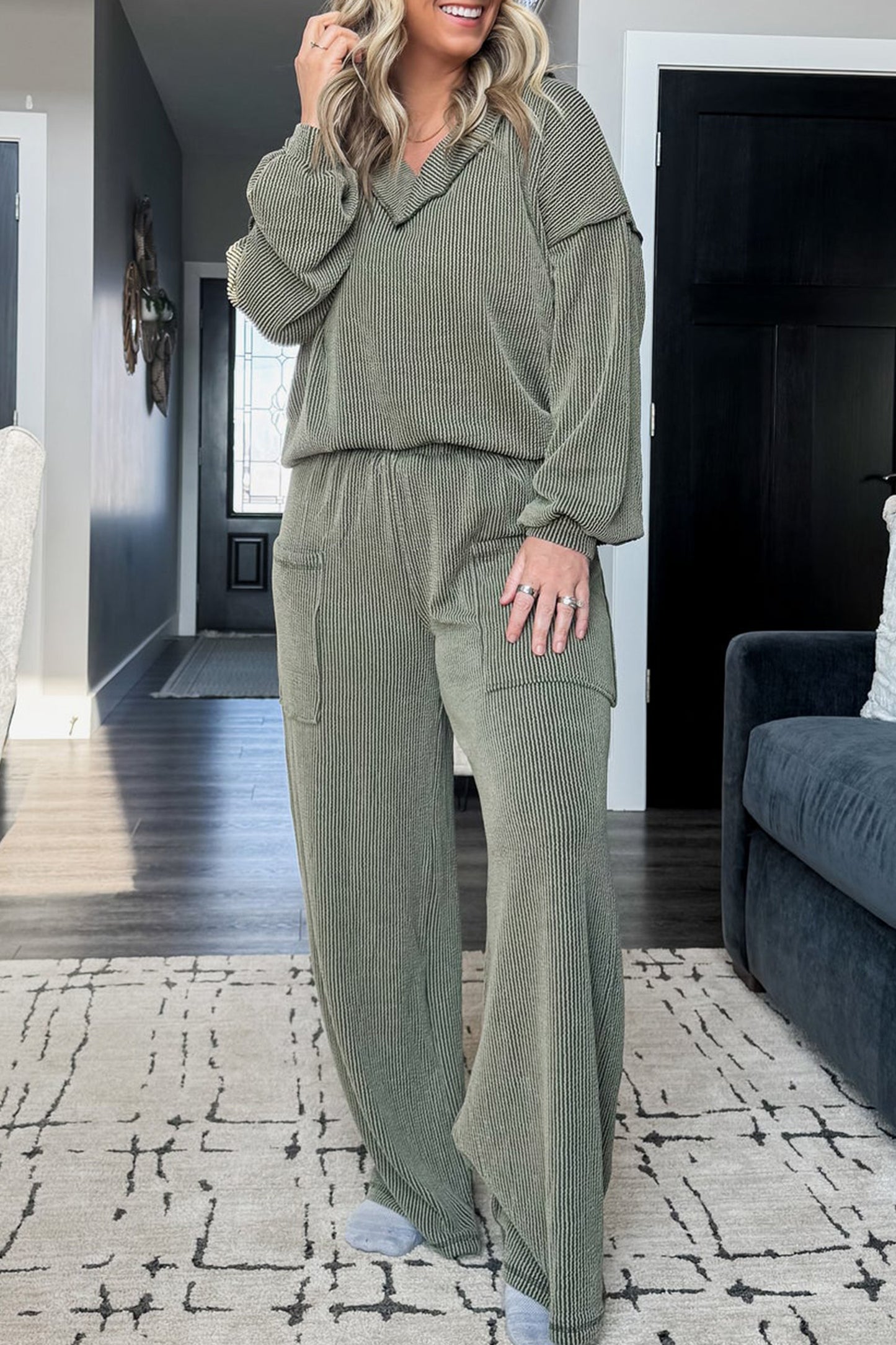 Four Leaf Clover Ribbed Twisted V-Neck Pullover & Wide-Leg Pant Set | Plus Size 1X–4X