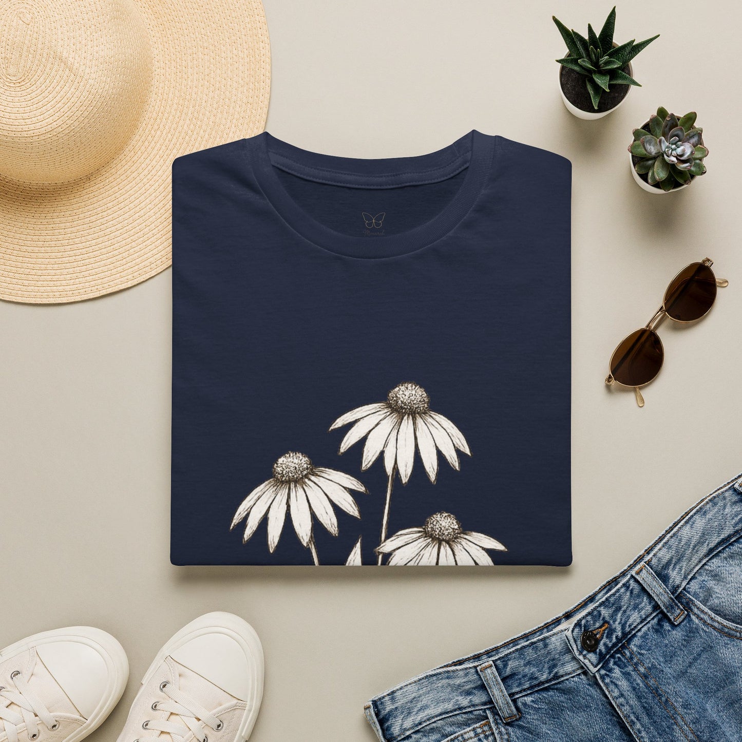 Daisy Sketch T‑Shirt — Vintage White Coneflowers Floral Tee