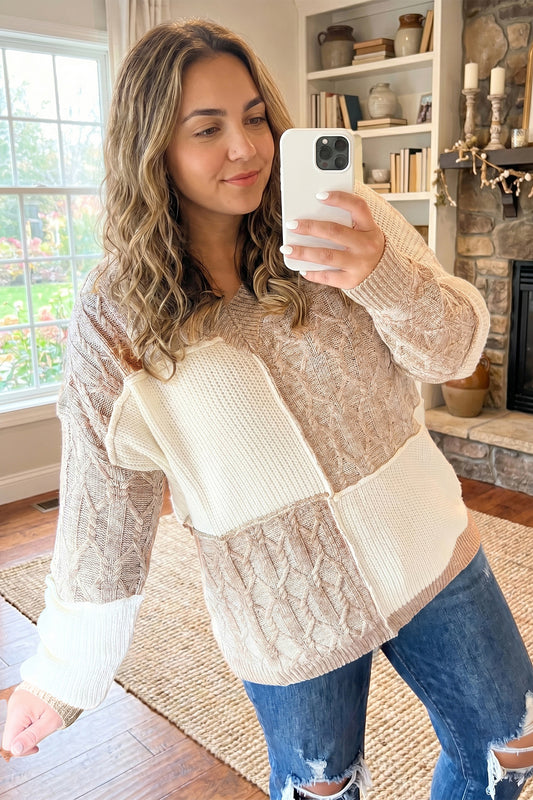 Plus Size SweaterParchment Colorblock V Neck Long Sleeve Tunic Loose Fit
