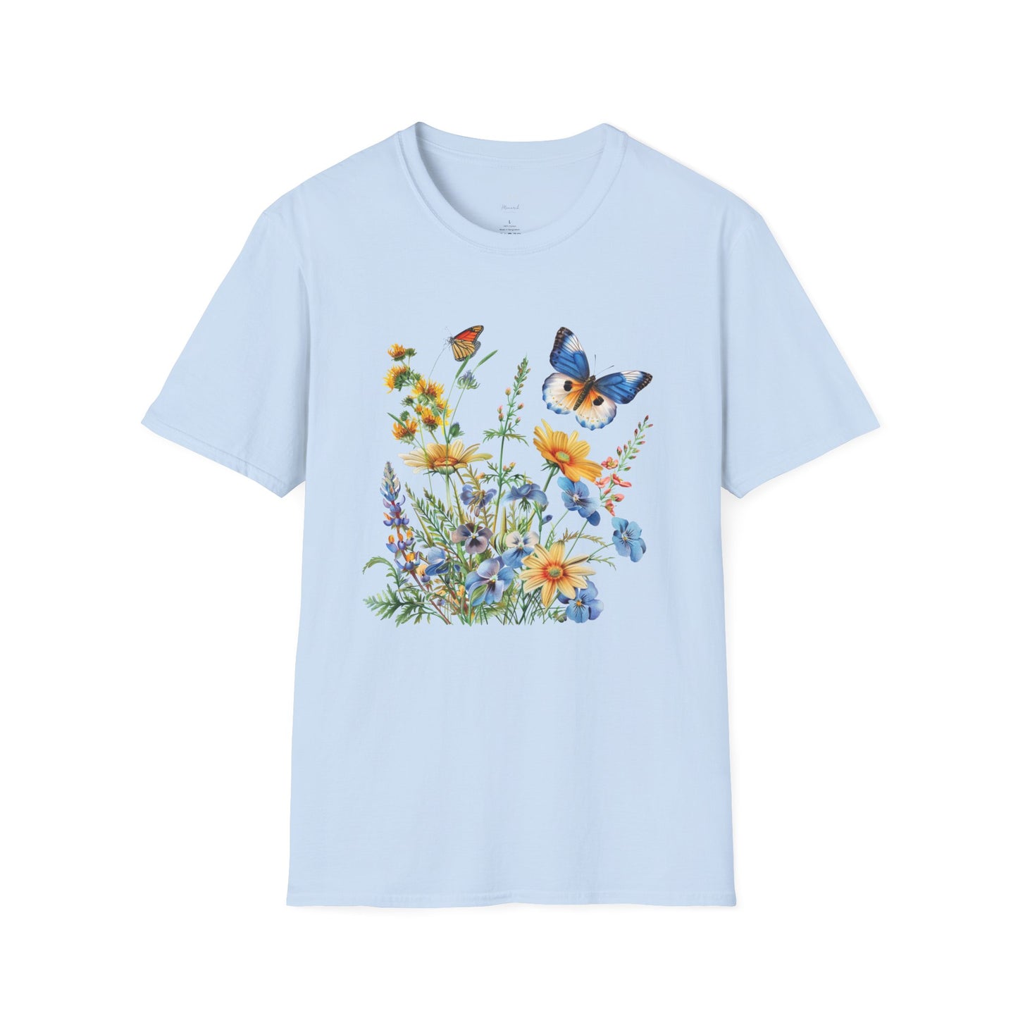 Butterfly Wildflower T-Shirt — Blue & Orange Garden Illustration