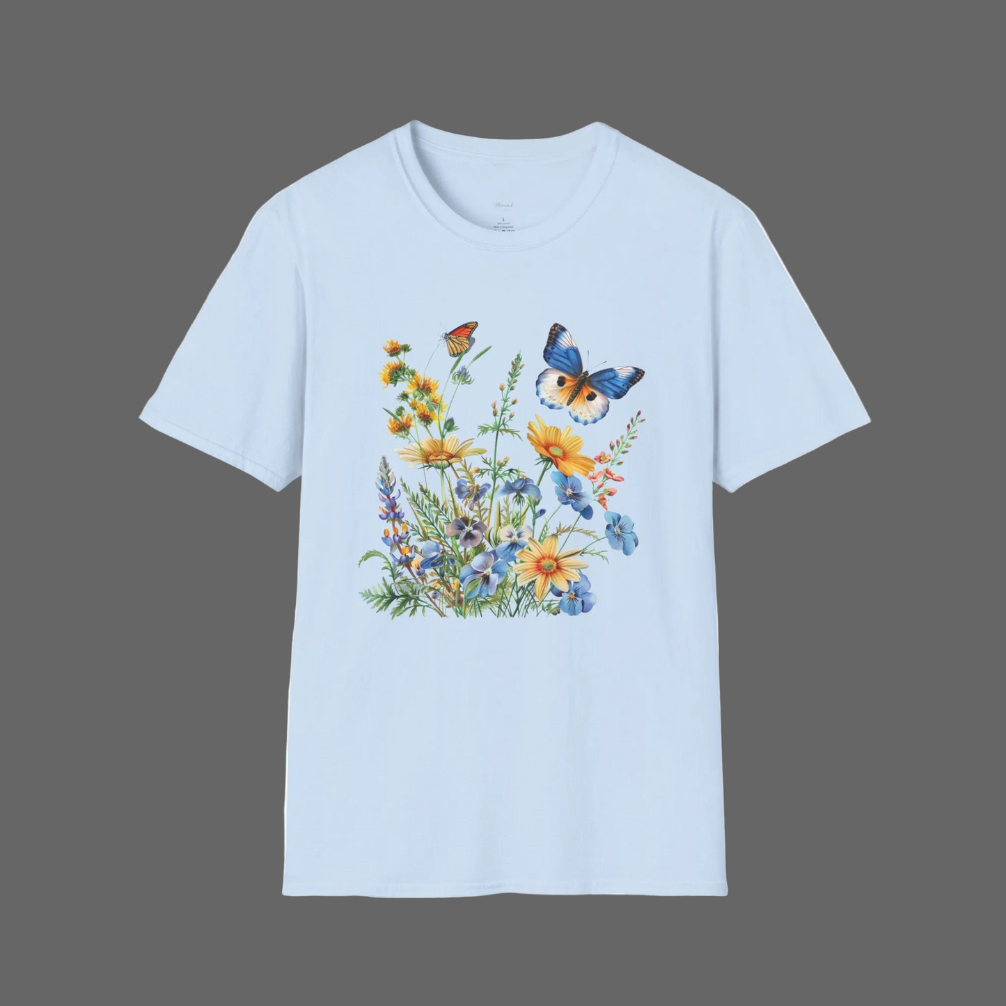 Butterfly Wildflower T-Shirt — Blue & Orange Garden Illustration
