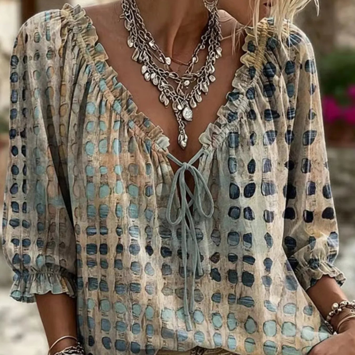 Tie Neck 3/4 Sleeve Blouse (S–3XL)