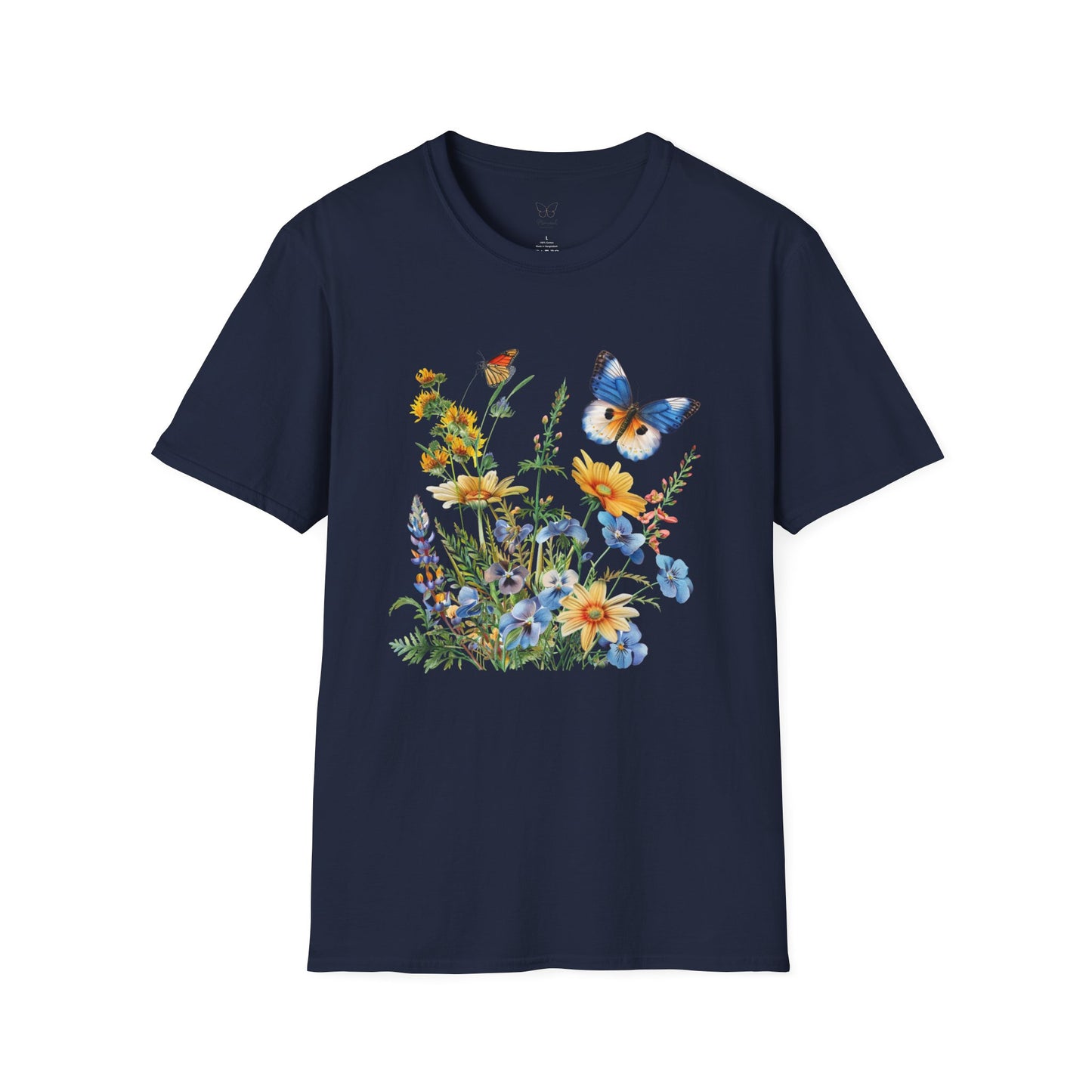 Butterfly Wildflower T-Shirt — Blue & Orange Garden Illustration