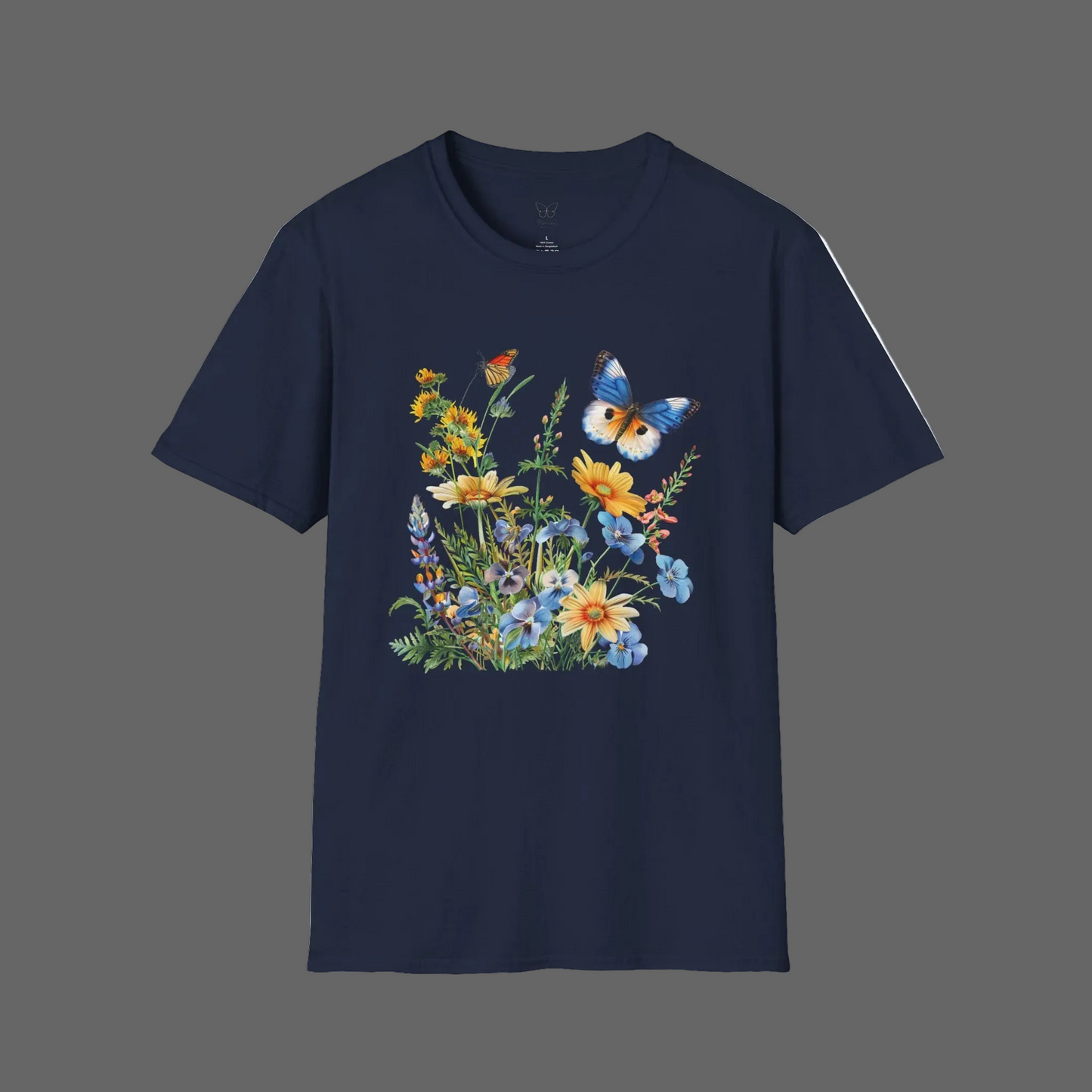 Butterfly Wildflower T-Shirt — Blue & Orange Garden Illustration