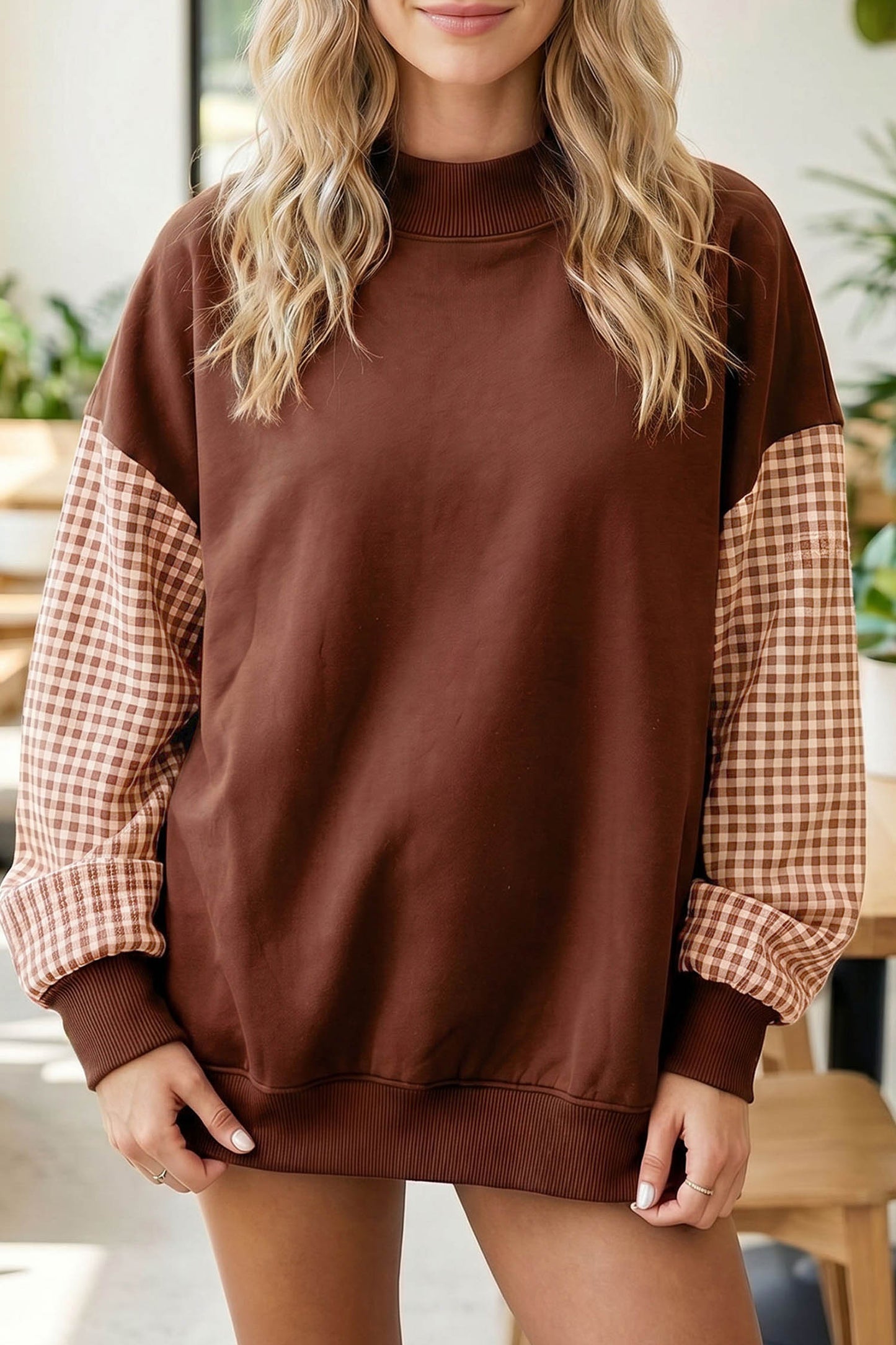 Plaid Sleeve Colorblock Tunic Sweatshirt