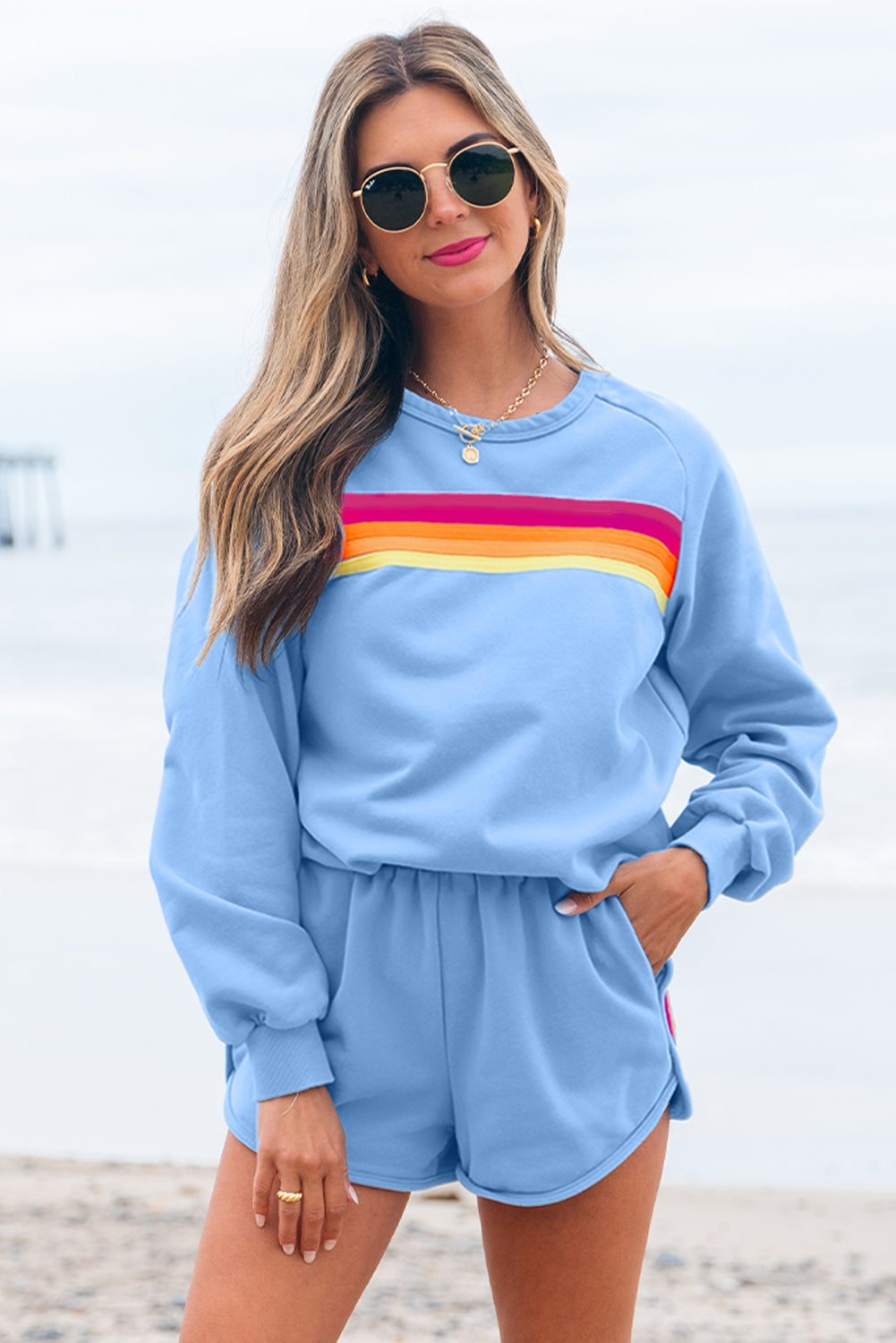 Striped Accent Pullover & Shorts Casual Set