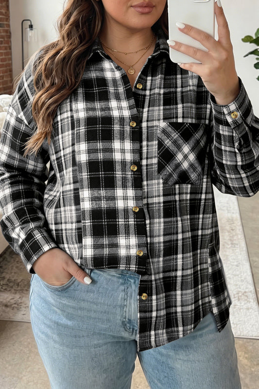 Black Plaid V-Neck Shirt Jacket | Plus Size Shacket 1X–4X