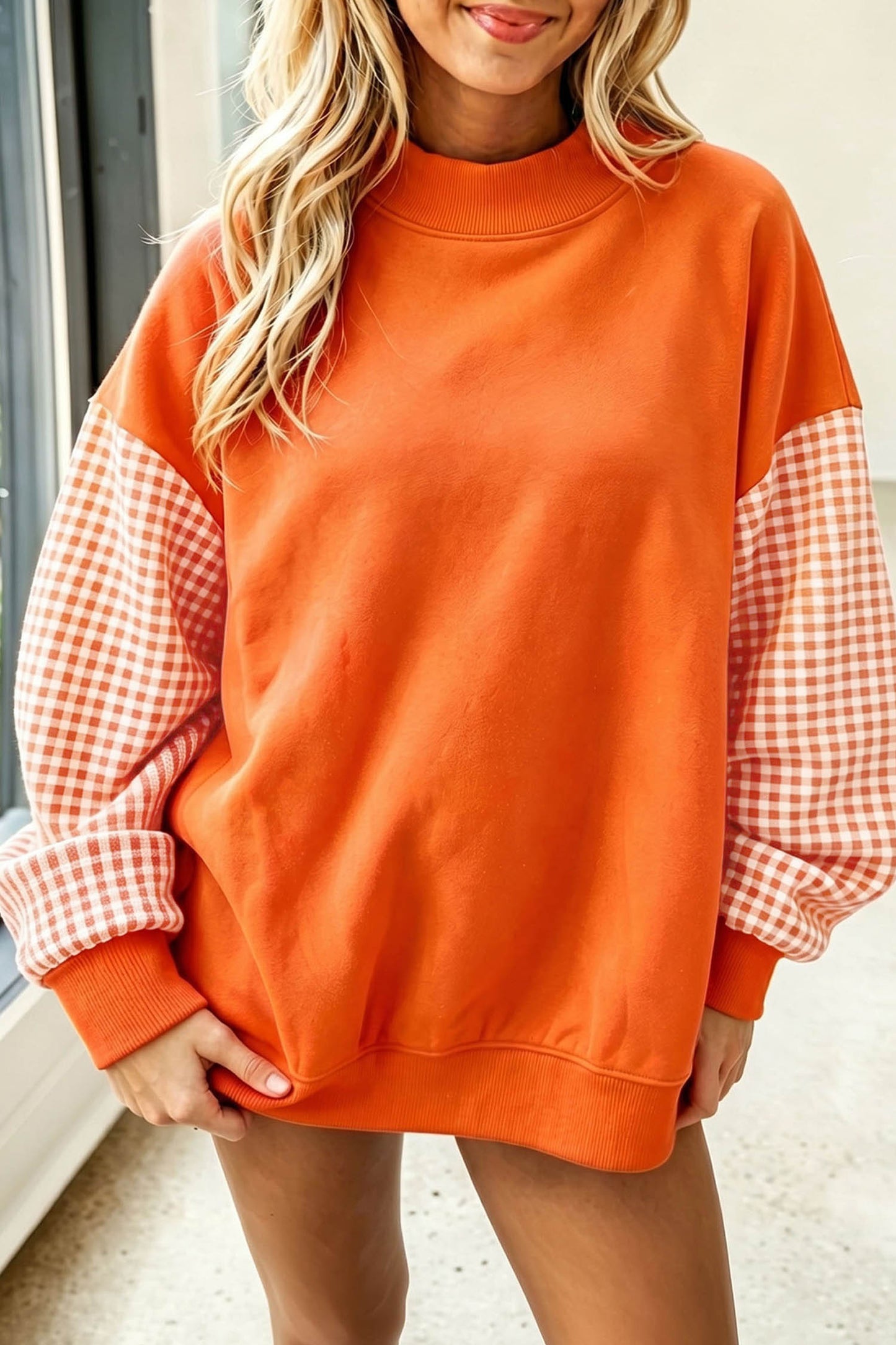 Plaid Sleeve Colorblock Tunic Sweatshirt