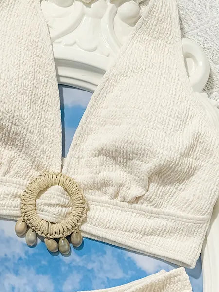 Shell Embellished White Bikini Set