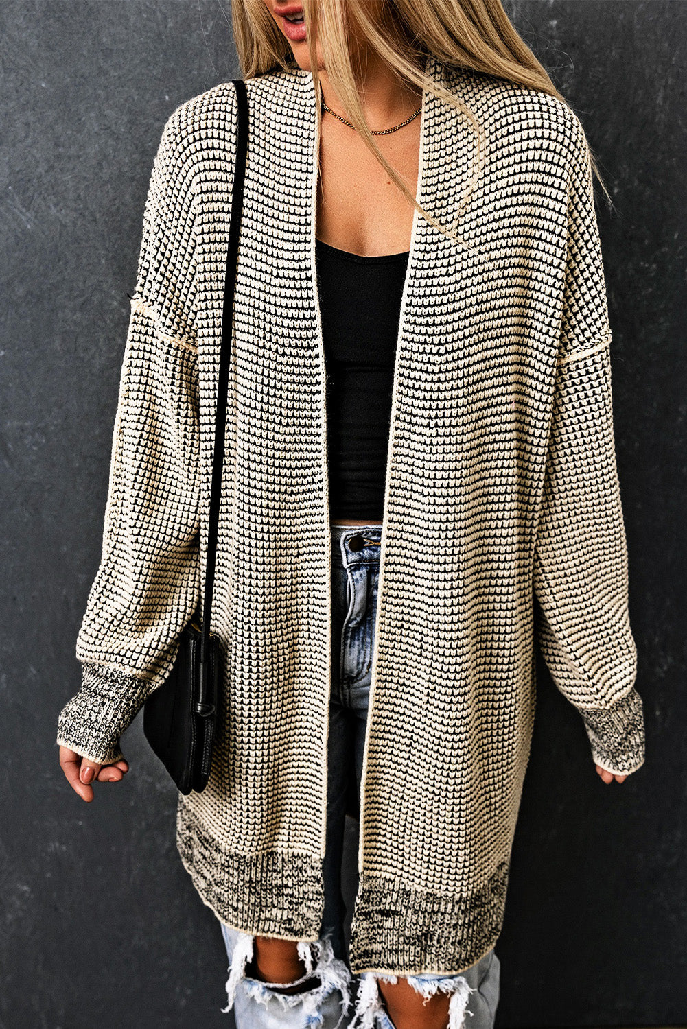 Plaid Knit Long Open-Front Cardigan
