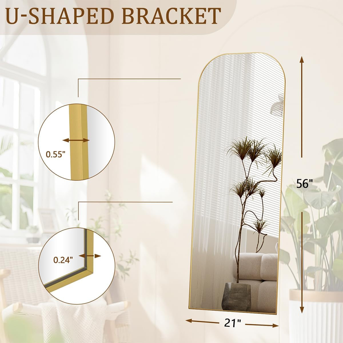 56Inch Full Length Floor Mirror Gold Aluminum Polished
