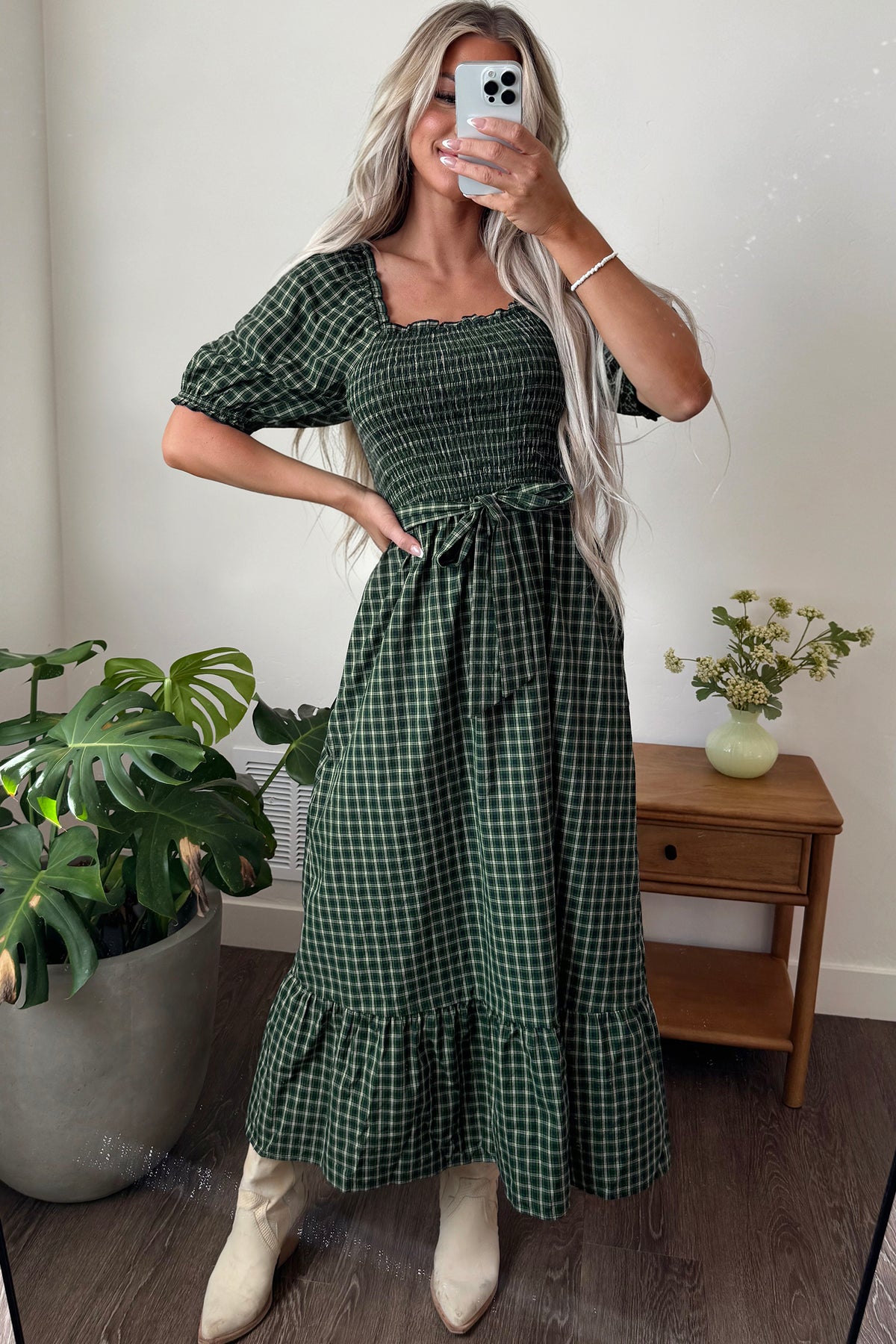 Green Plaid Square Neck Shirred Ruffle Hem Dress