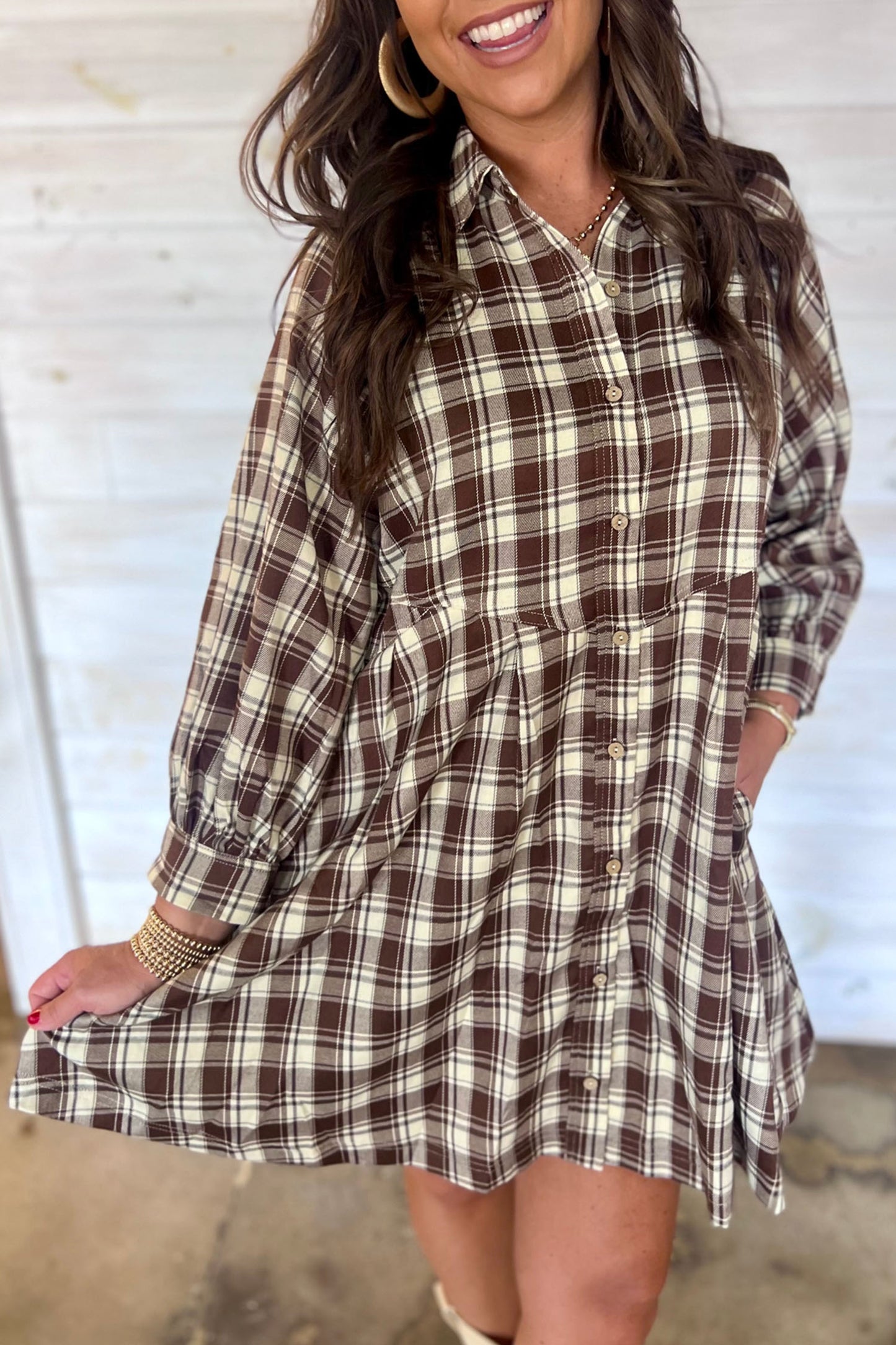Brown Plaid Long Sleeve Mini Shift Dress