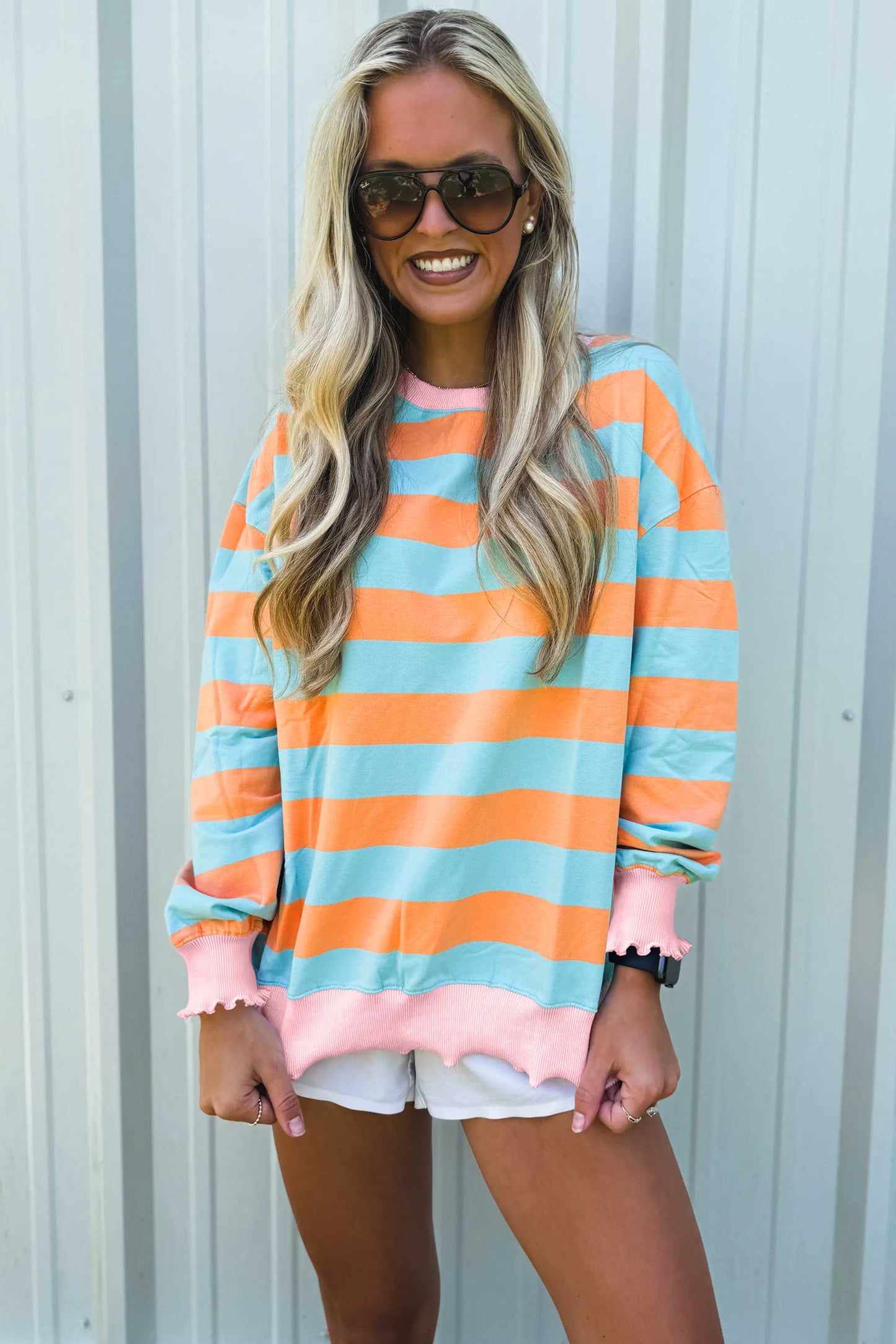 Orange Stripe Ribbed Color Block Long Sleeve Top