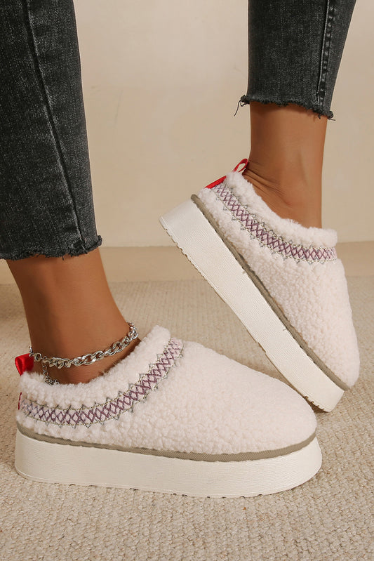 White Embroidered Sherpa Plush Thick Sole Winter Slippers