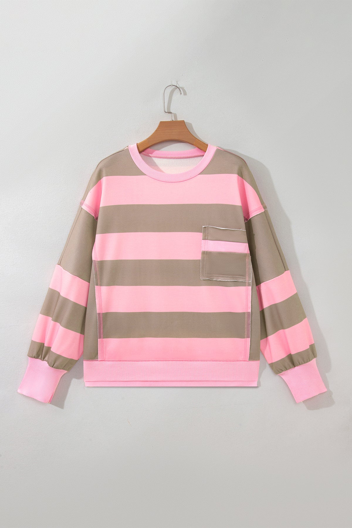 Pink Stripe Raw Seam Patchwork Drop Shoulder Plus Size Sweatshirt