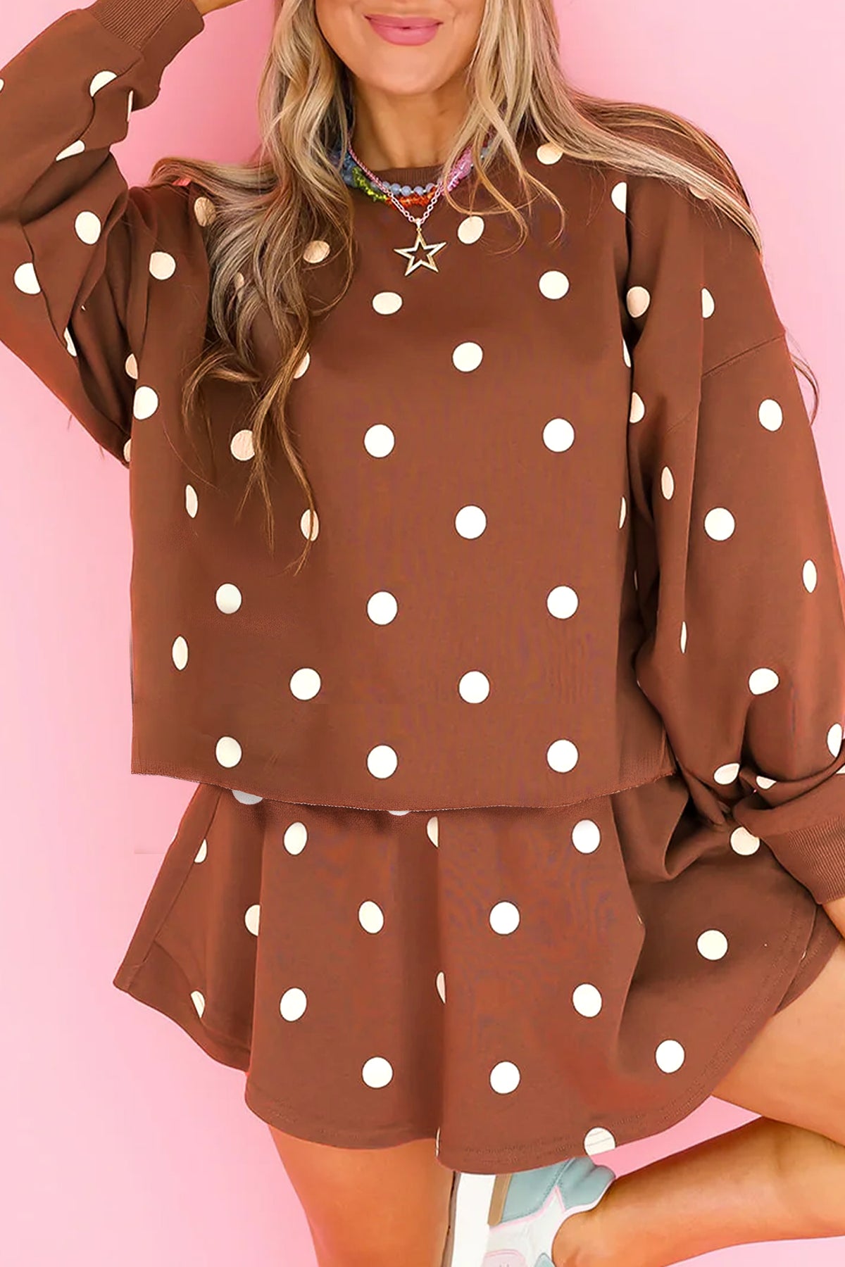 Brown Polka Dot Pullover & Skort Two-Piece Set