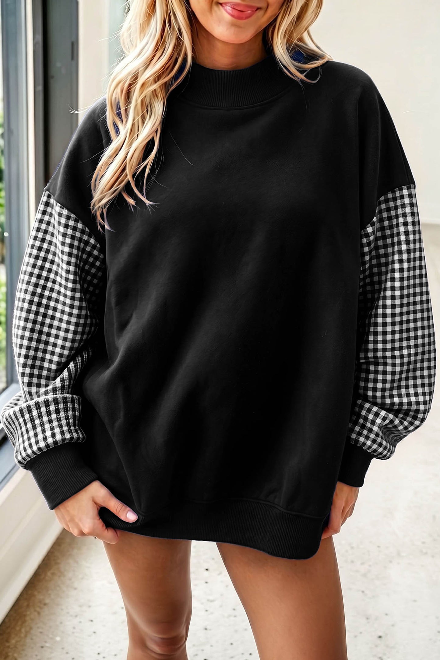 Plaid Sleeve Colorblock Tunic Sweatshirt